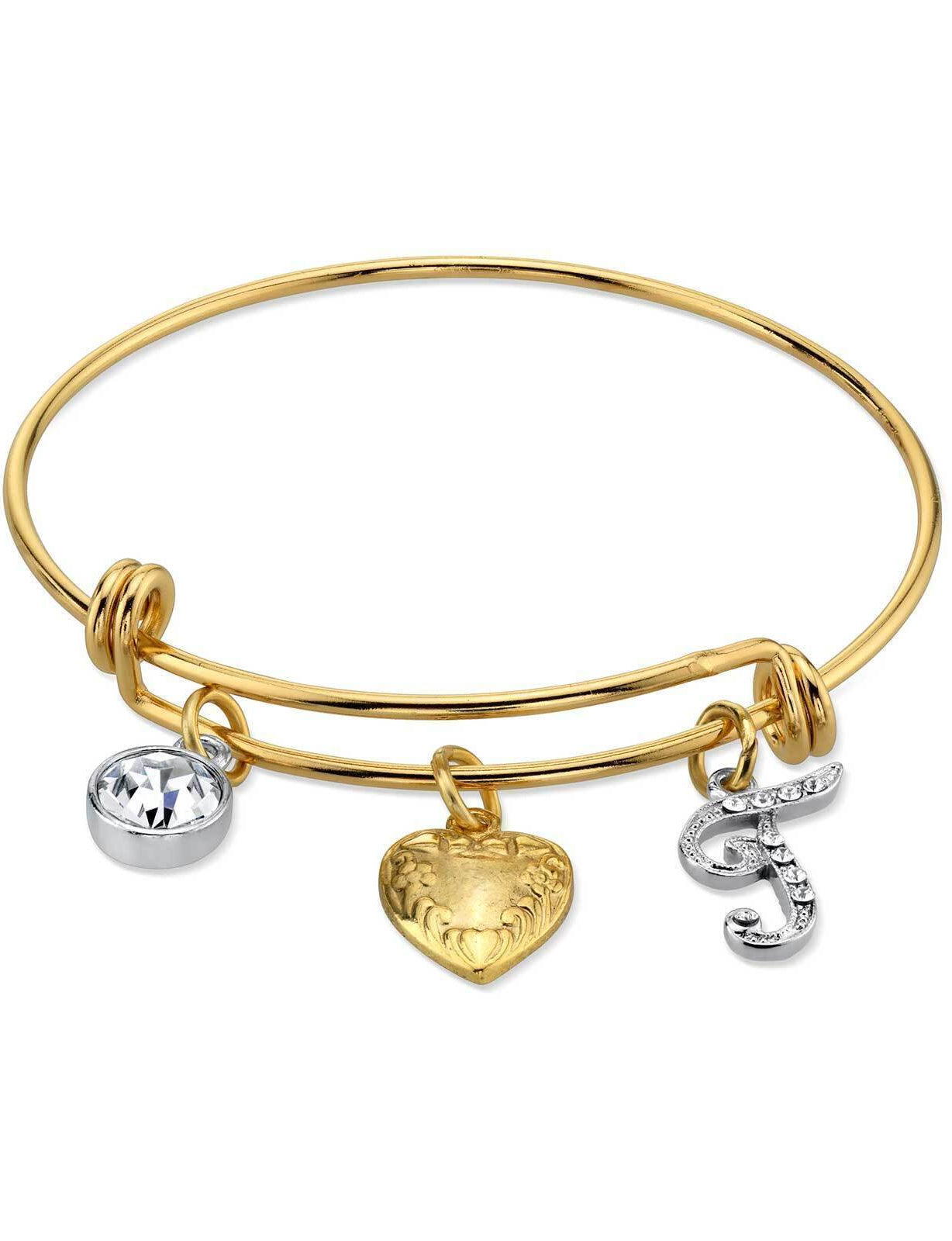 1928 Jewelry Gold Heart Initial Crystal Charm Bangle Bracelet, 2.5"
