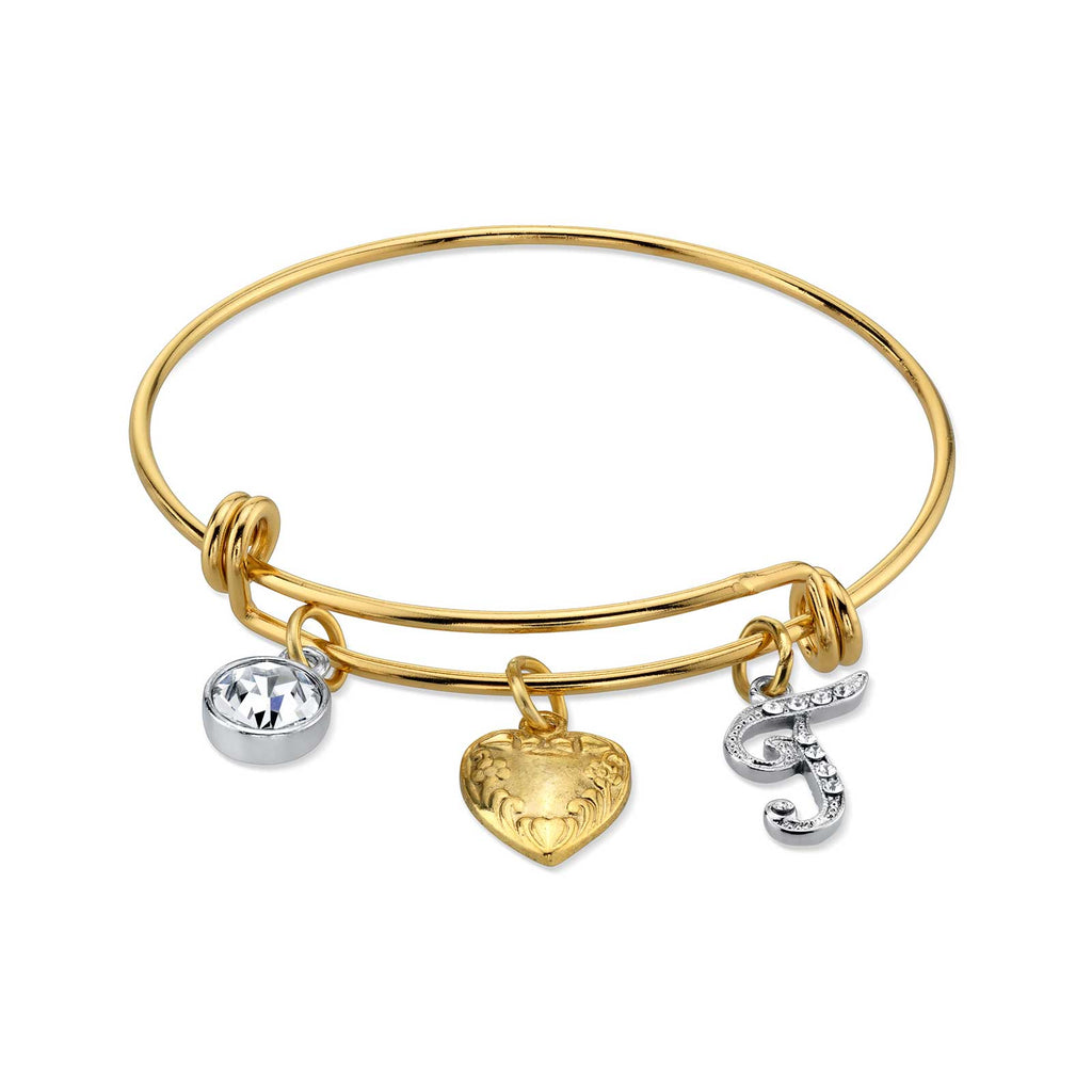 Women's Gold Heart T Initial Crystal Charm Bangle Bracelet, 2.5"