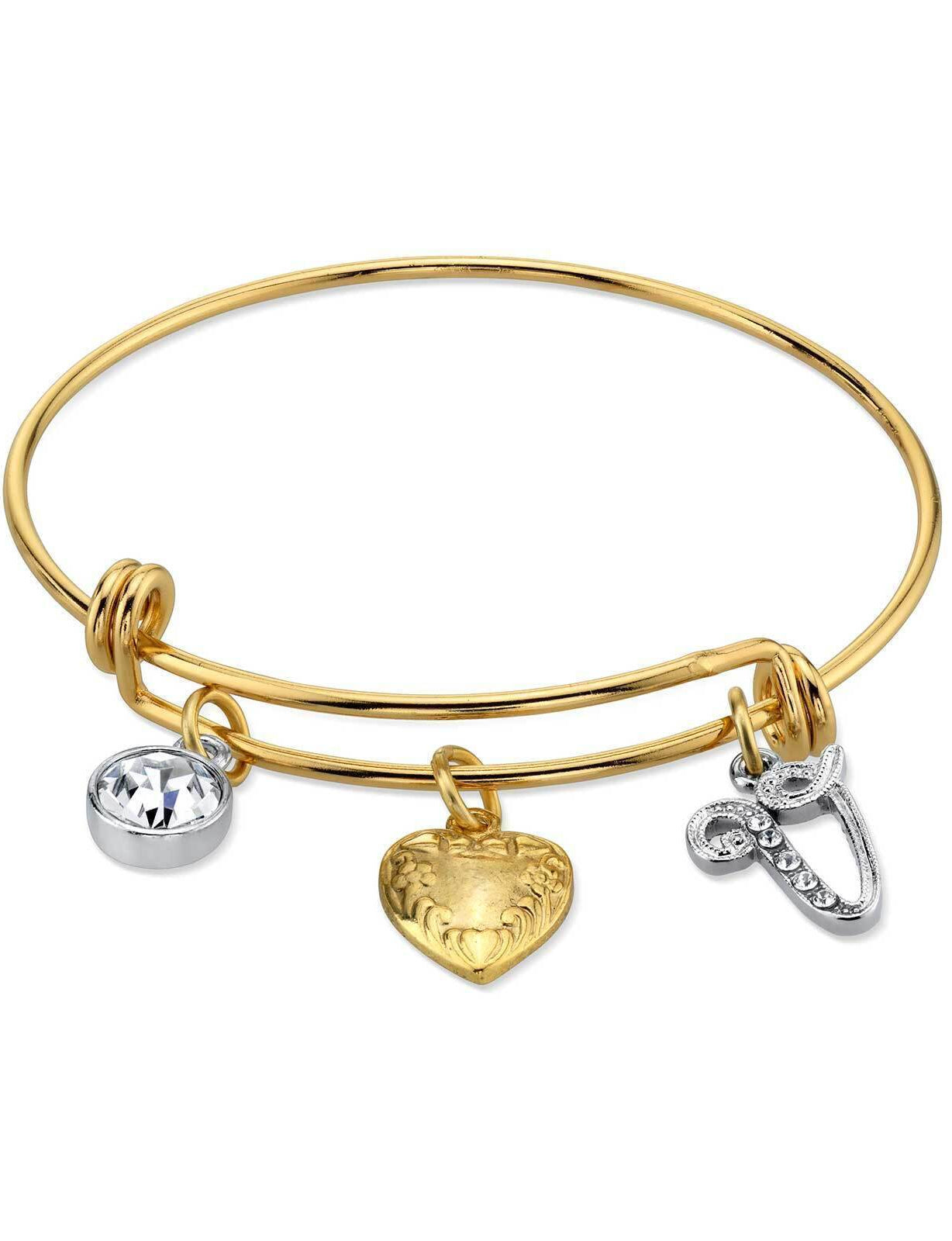 1928 Jewelry Gold Heart Initial Crystal Charm Bangle Bracelet, 2.5"