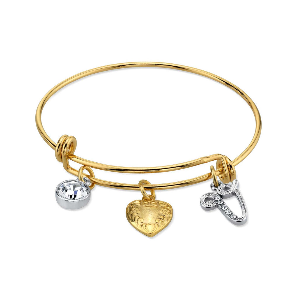 Women's Gold Heart V Initial Crystal Charm Bangle Bracelet, 2.5"
