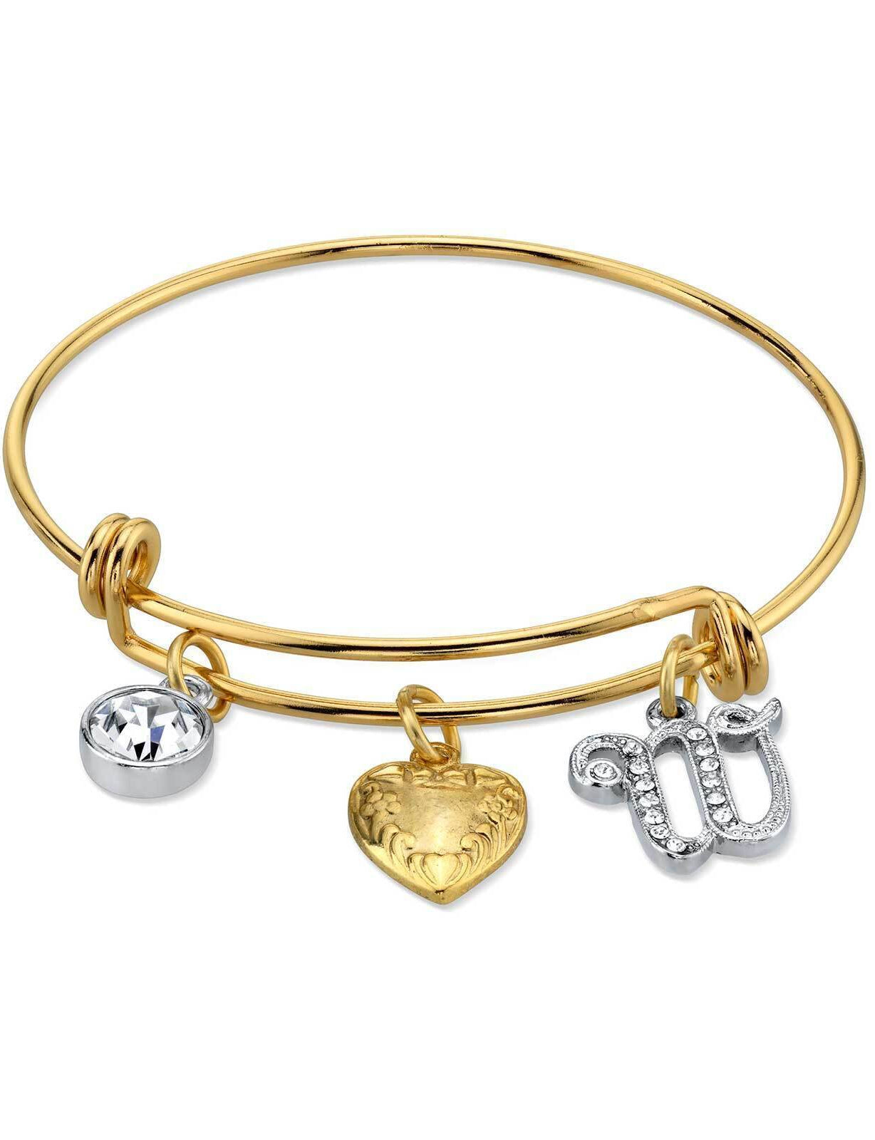 1928 Jewelry Gold Heart Initial Crystal Charm Bangle Bracelet, 2.5"