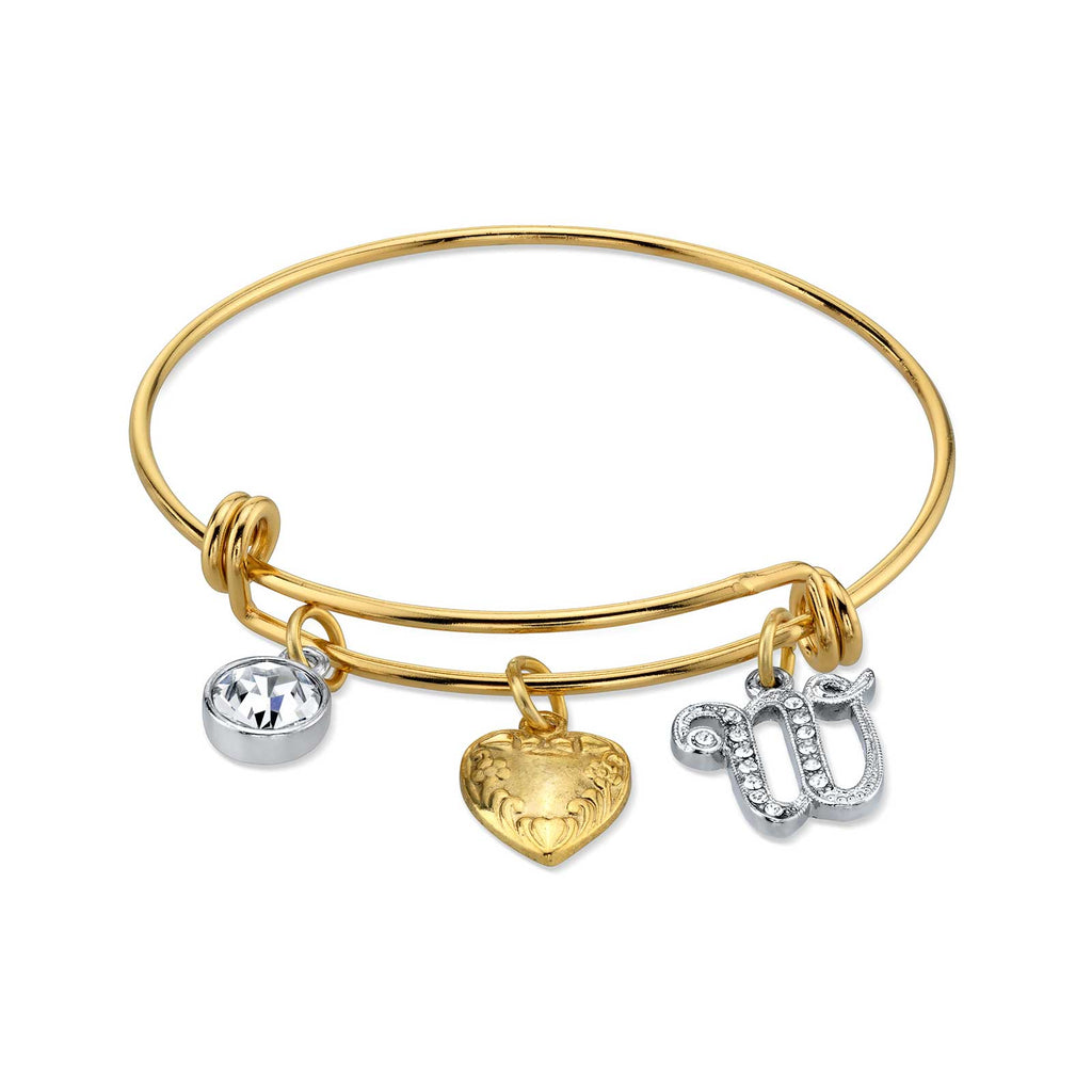 Women's Gold Heart W Initial Crystal Charm Bangle Bracelet, 2.5"