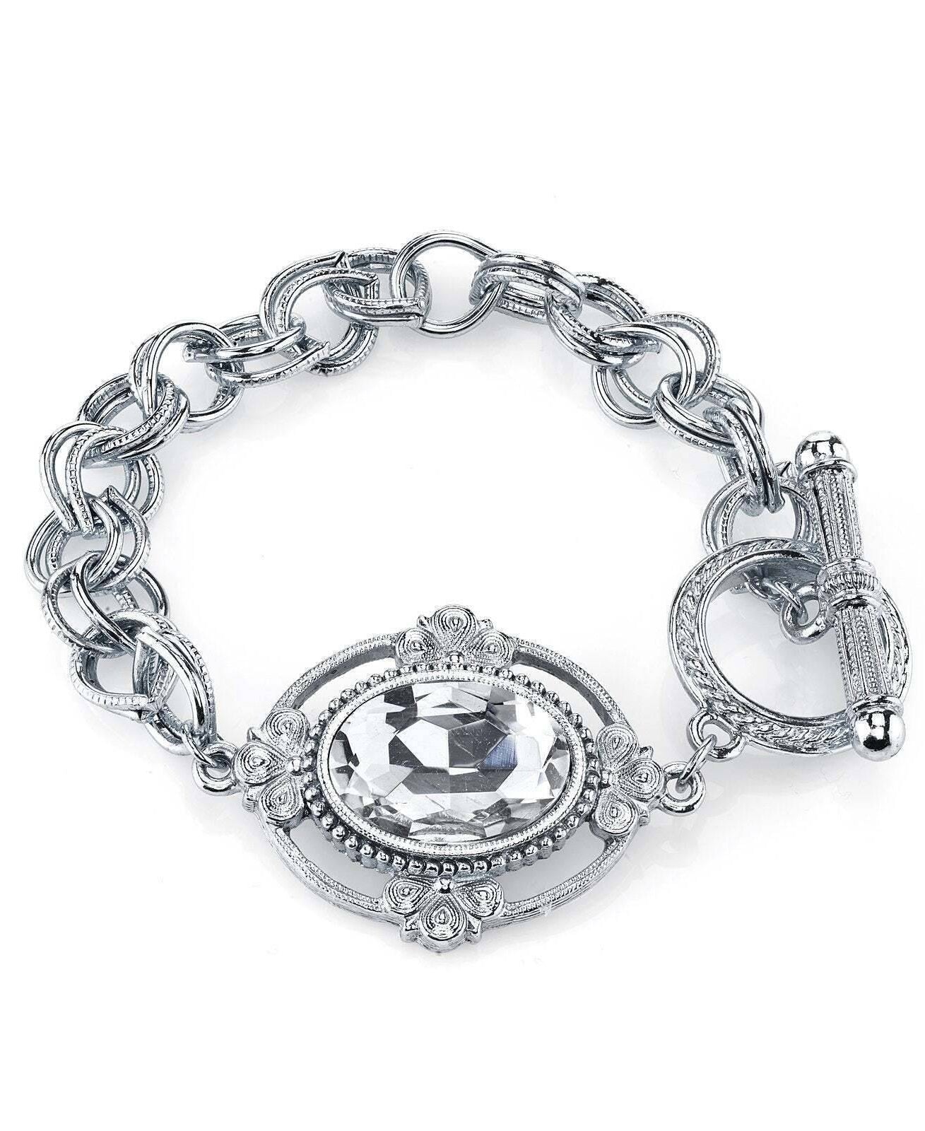 1928 Jewelry Oval Lux Crystal Silver Toggle Link Bracelet