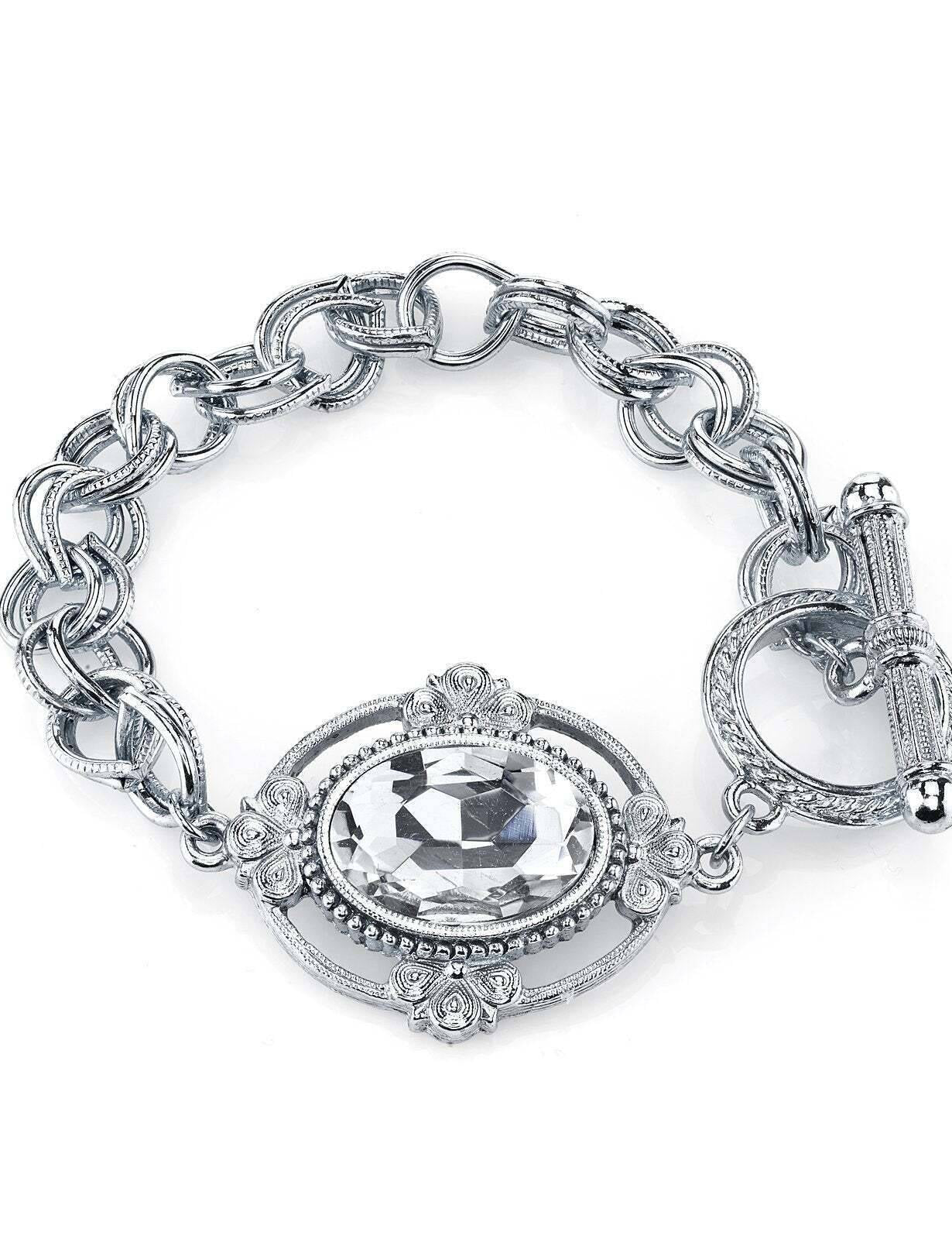 1928 Jewelry Oval Lux Crystal Silver Toggle Link Bracelet