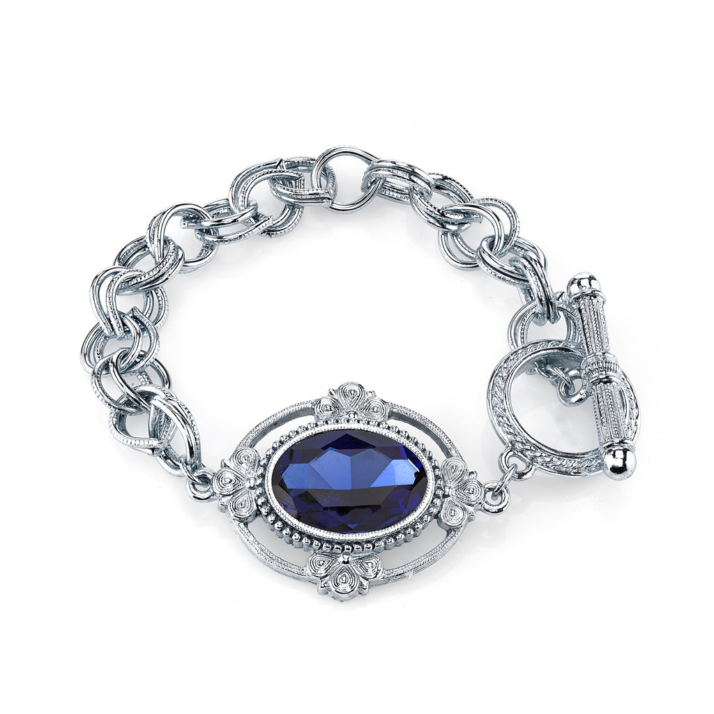 Silver Tone Blue Oval Faceted Toggle Bracelet