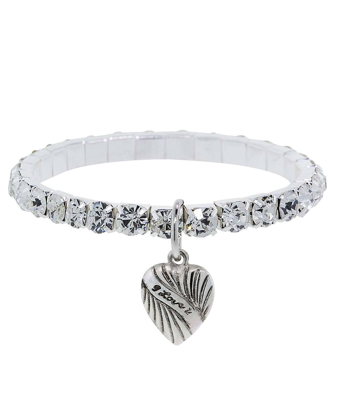 1928 Jewelry I Love You Heart Charm Rhinestone Crystal Stretch Bracelet