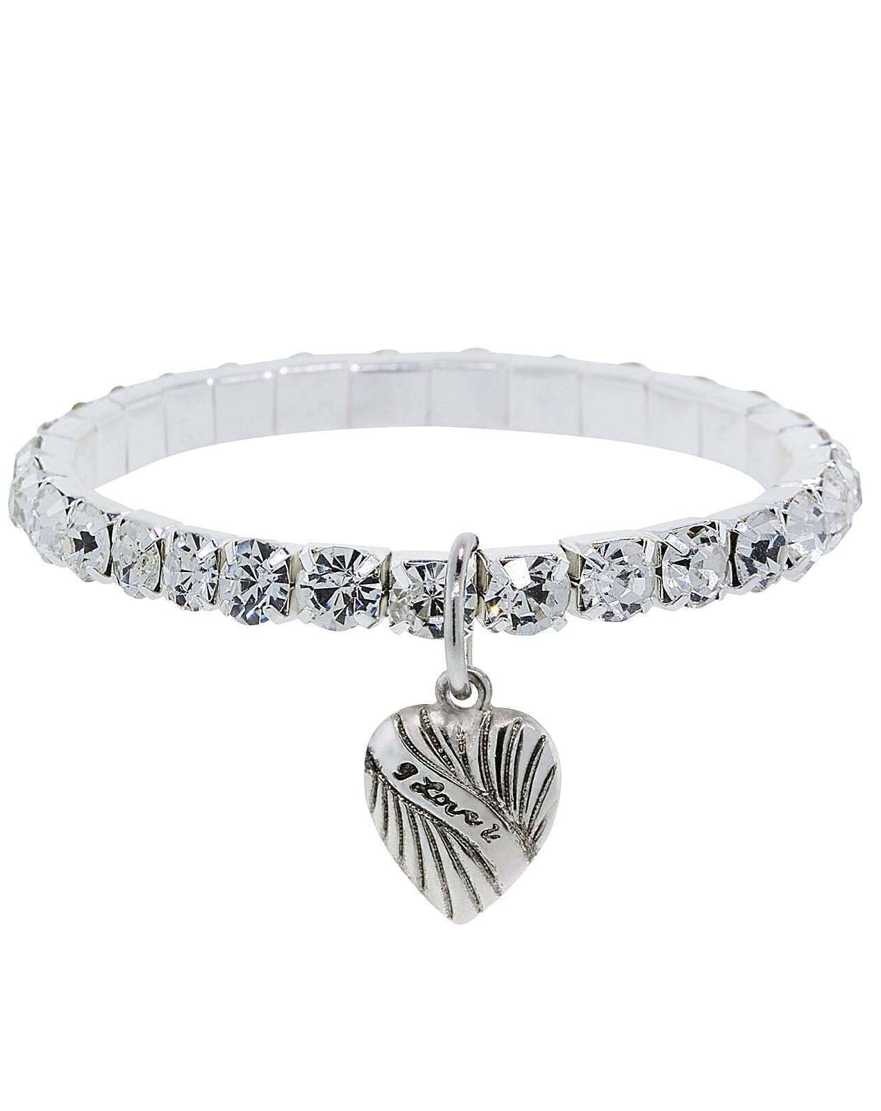 1928 Jewelry I Love You Heart Charm Rhinestone Crystal Stretch Bracelet