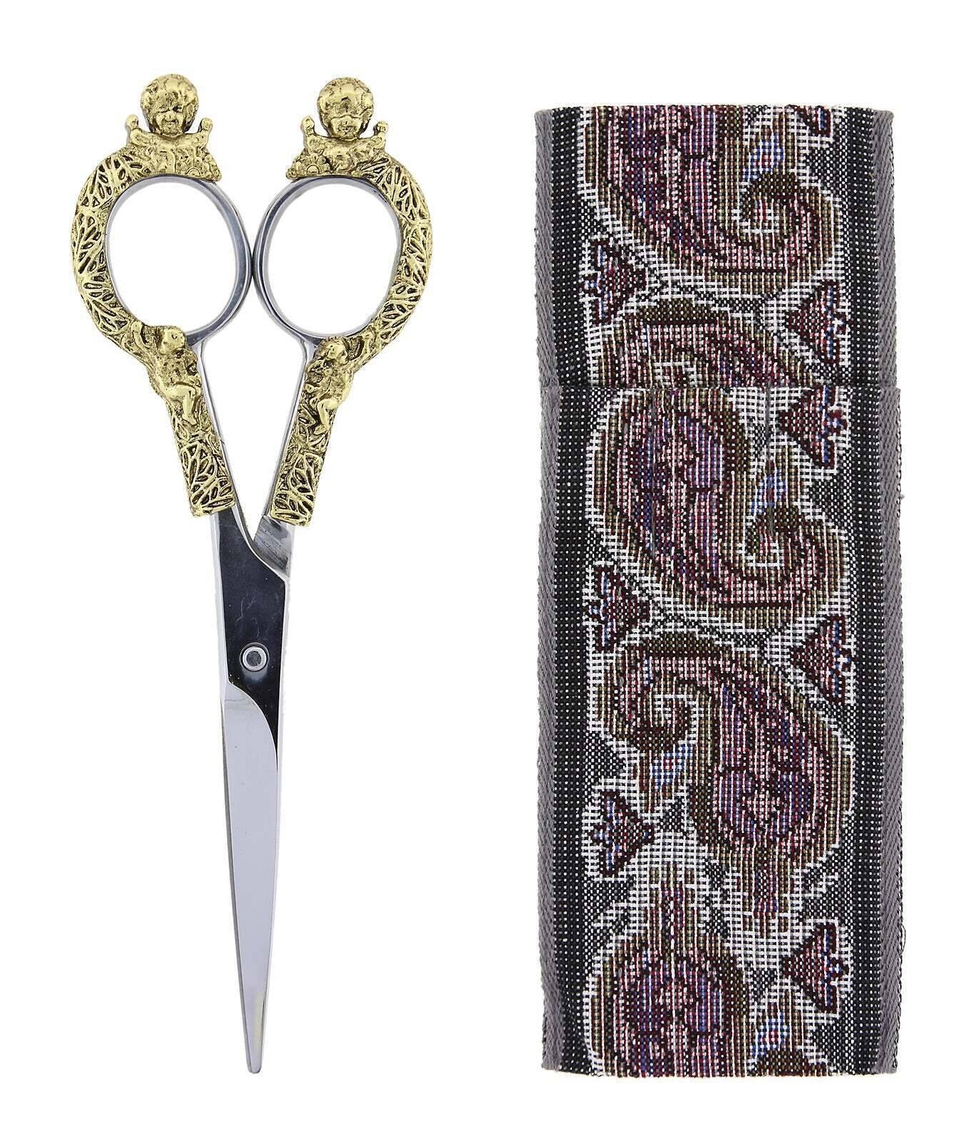 1928 Jewelry Two-Tone Cherub Scissors With 6.5" Cloth Pouch