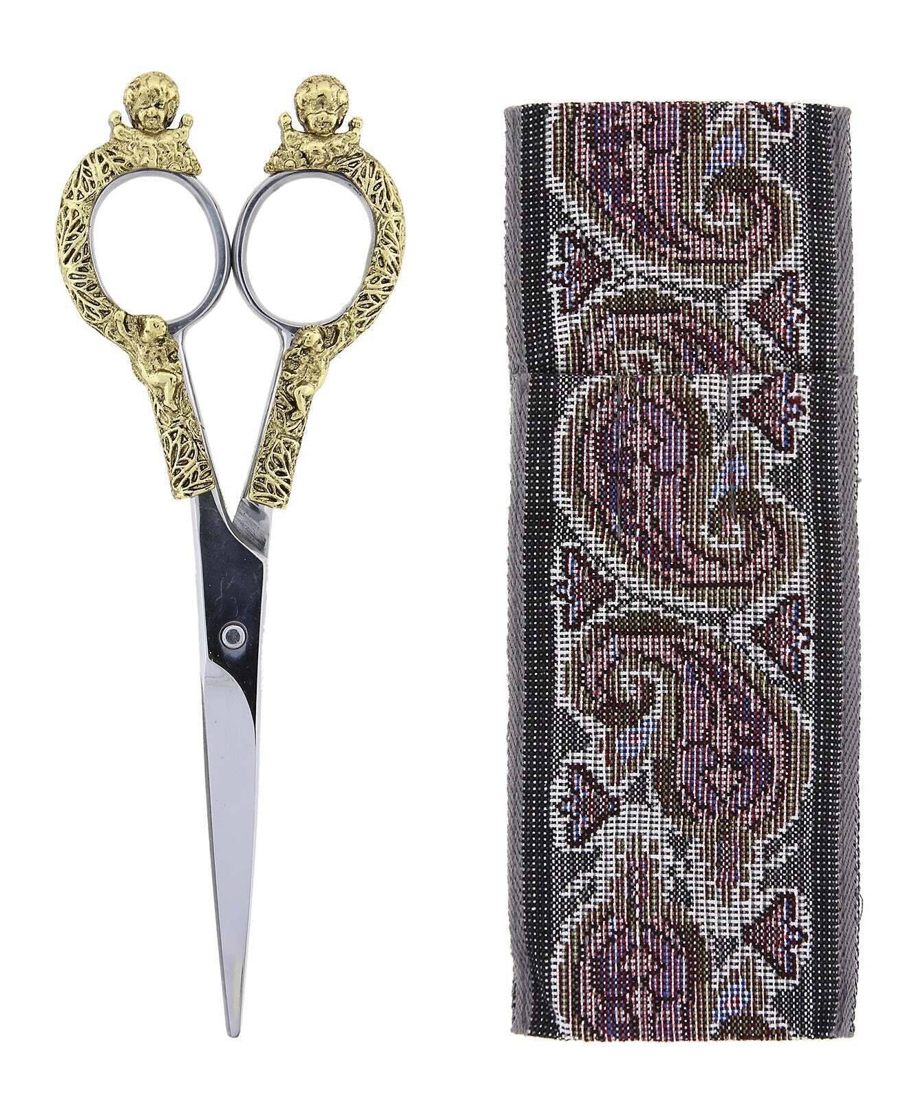 1928 Jewelry Two-Tone Cherub Scissors With 6.5" Cloth Pouch