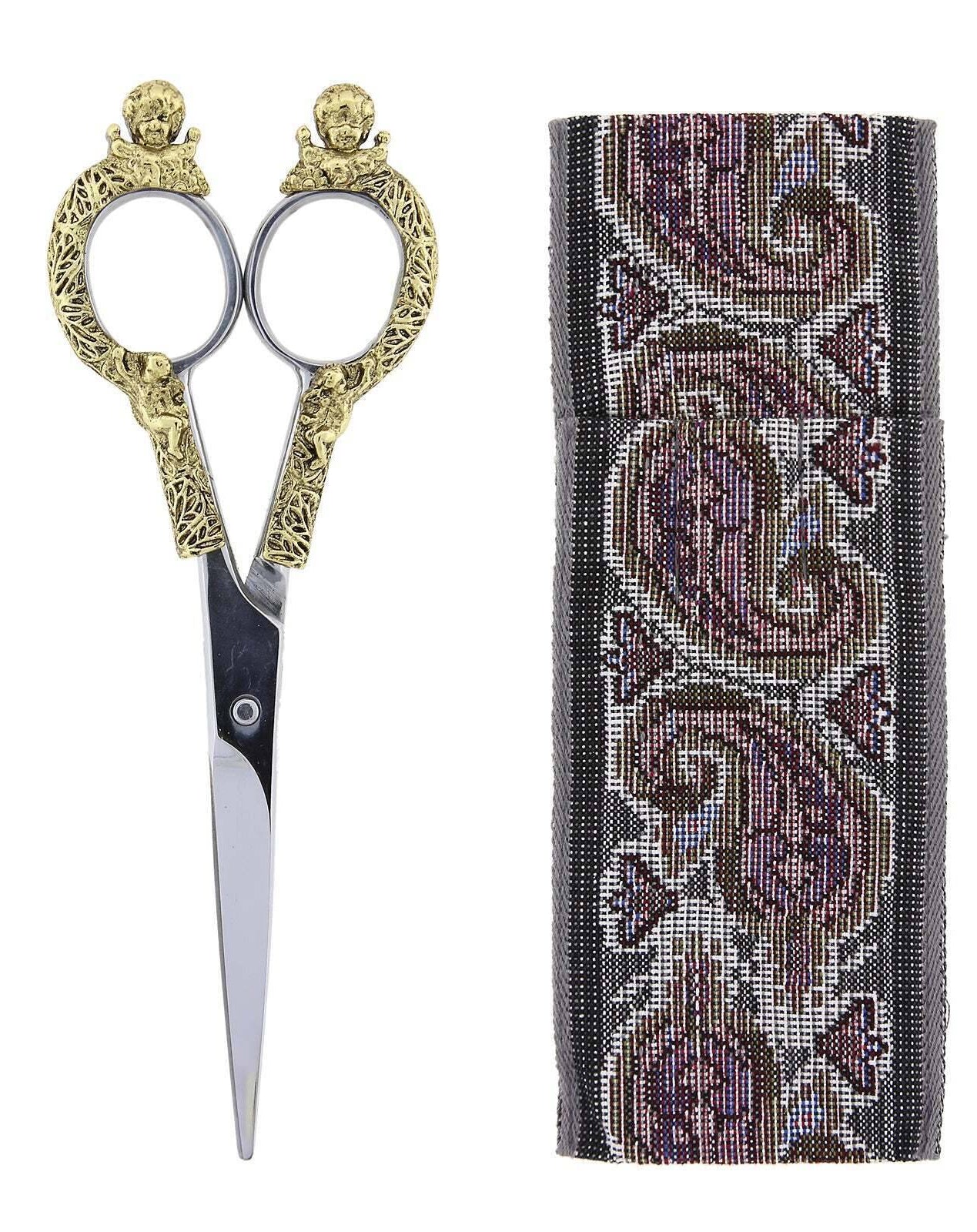 1928 Jewelry Two-Tone Cherub Scissors With 6.5" Cloth Pouch