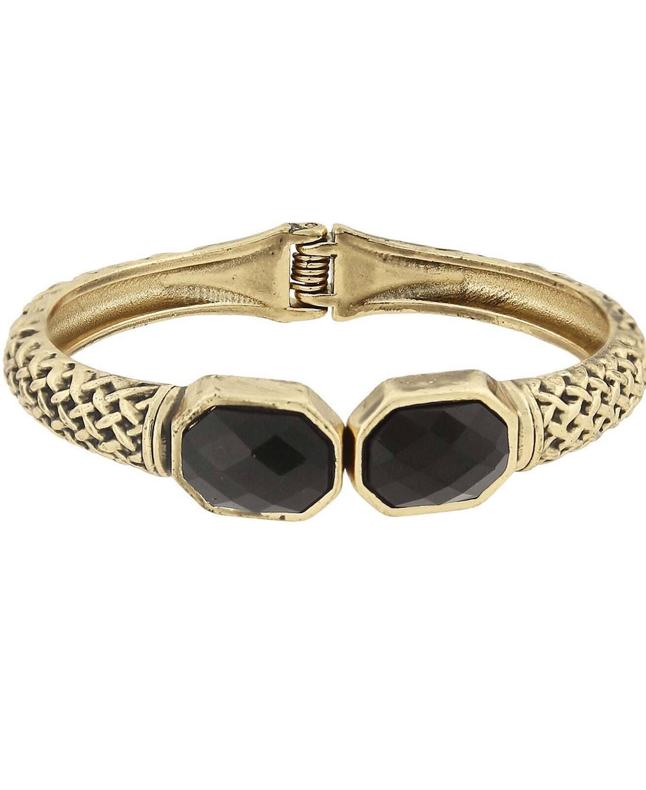 2028 Jewelry Antiqued Textured Cuff Bracelet With Faceted Black Stones