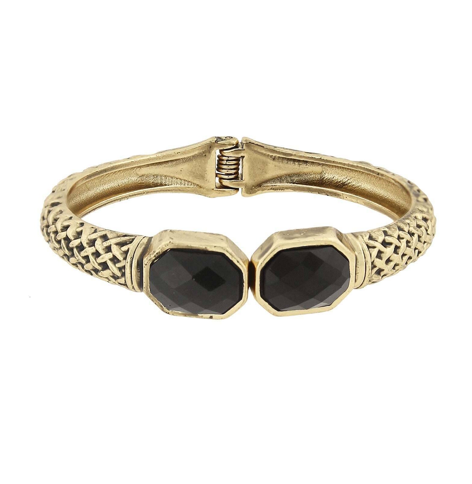 2028 Jewelry Antiqued Textured Cuff Bracelet With Faceted Black Stones
