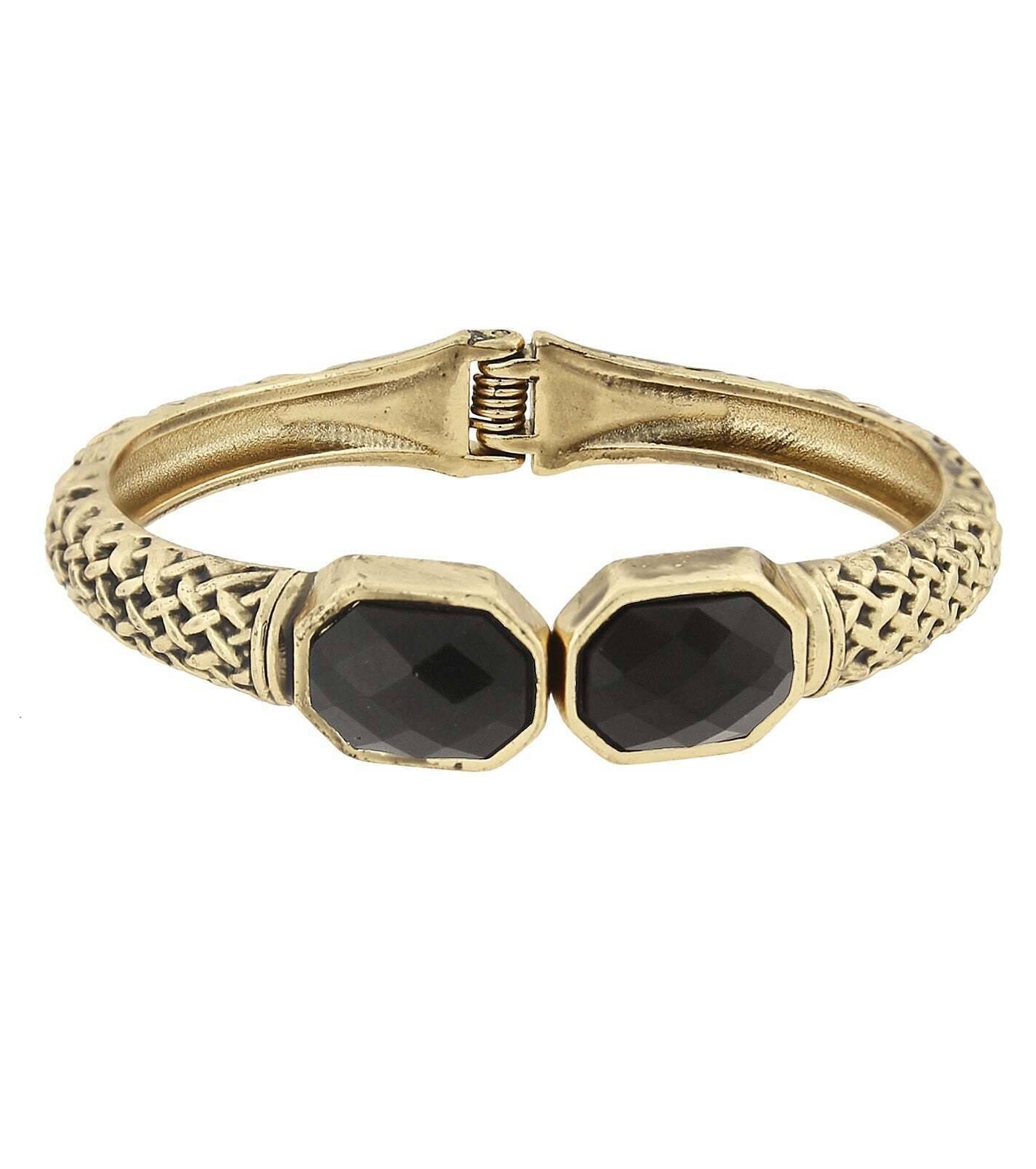 2028 Jewelry Antiqued Textured Cuff Bracelet With Faceted Black Stones