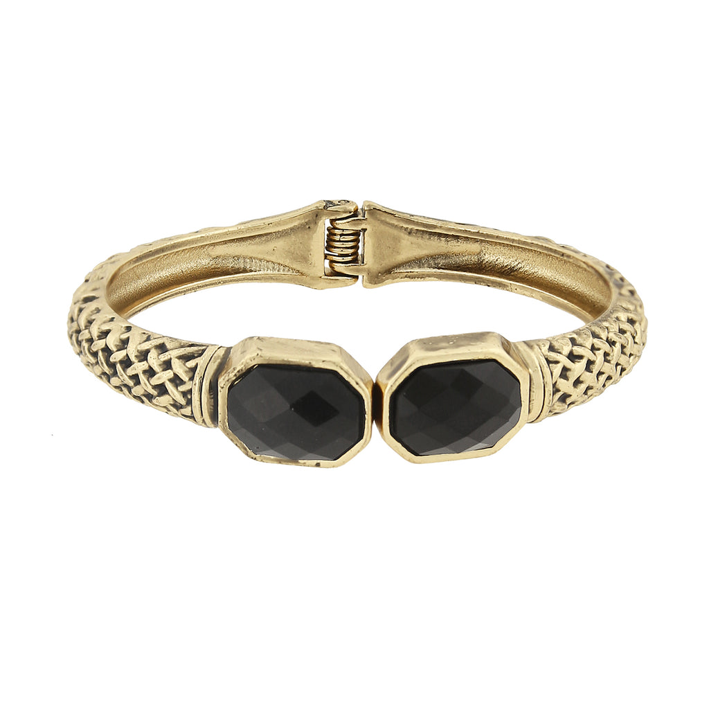 Antiqued Gold Tone Textured Cuff Bracelet With Faceted Black Stones