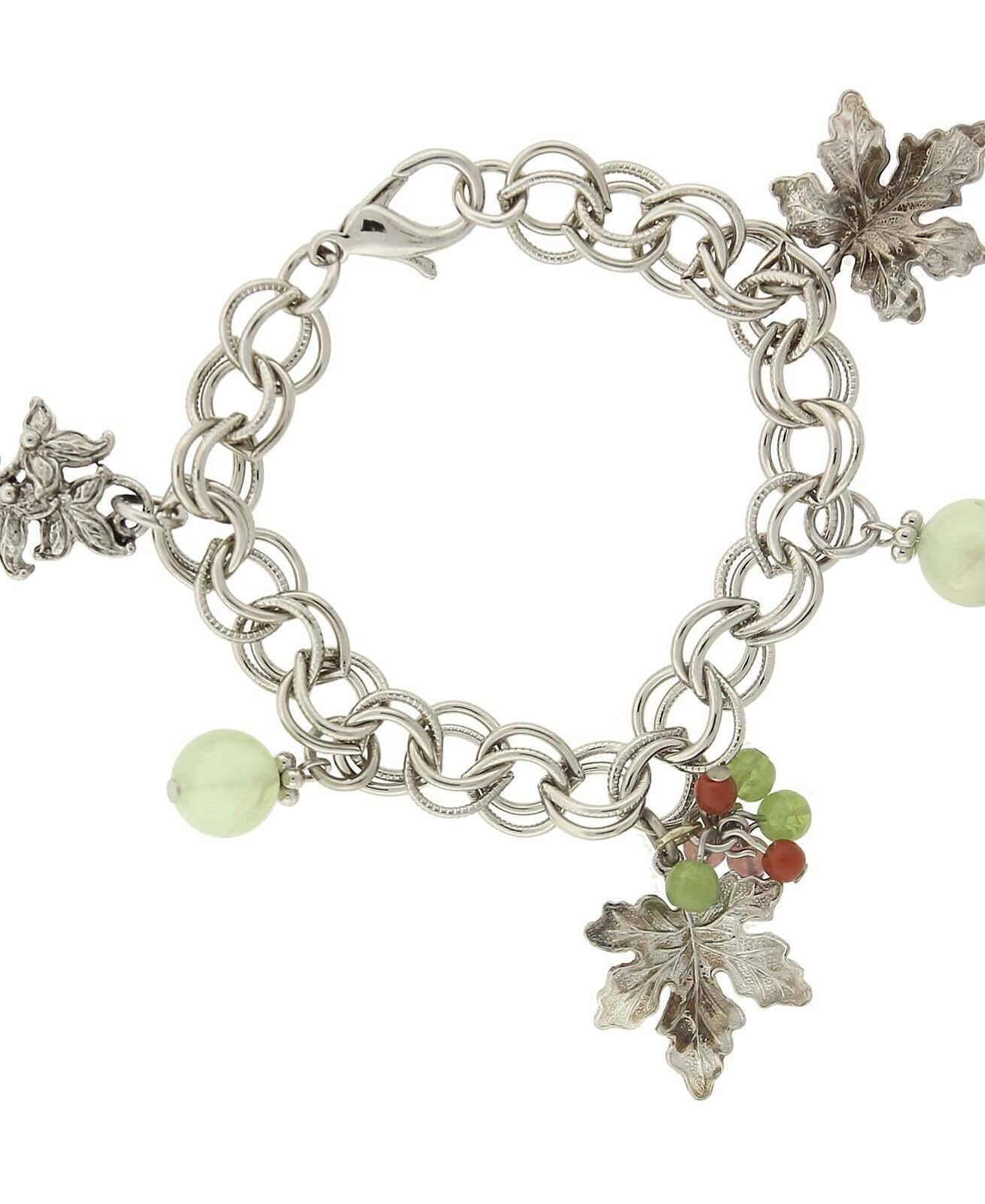 1928 Jewelry Winery Grape Leaves Multicolor Beads Charm Bracelet