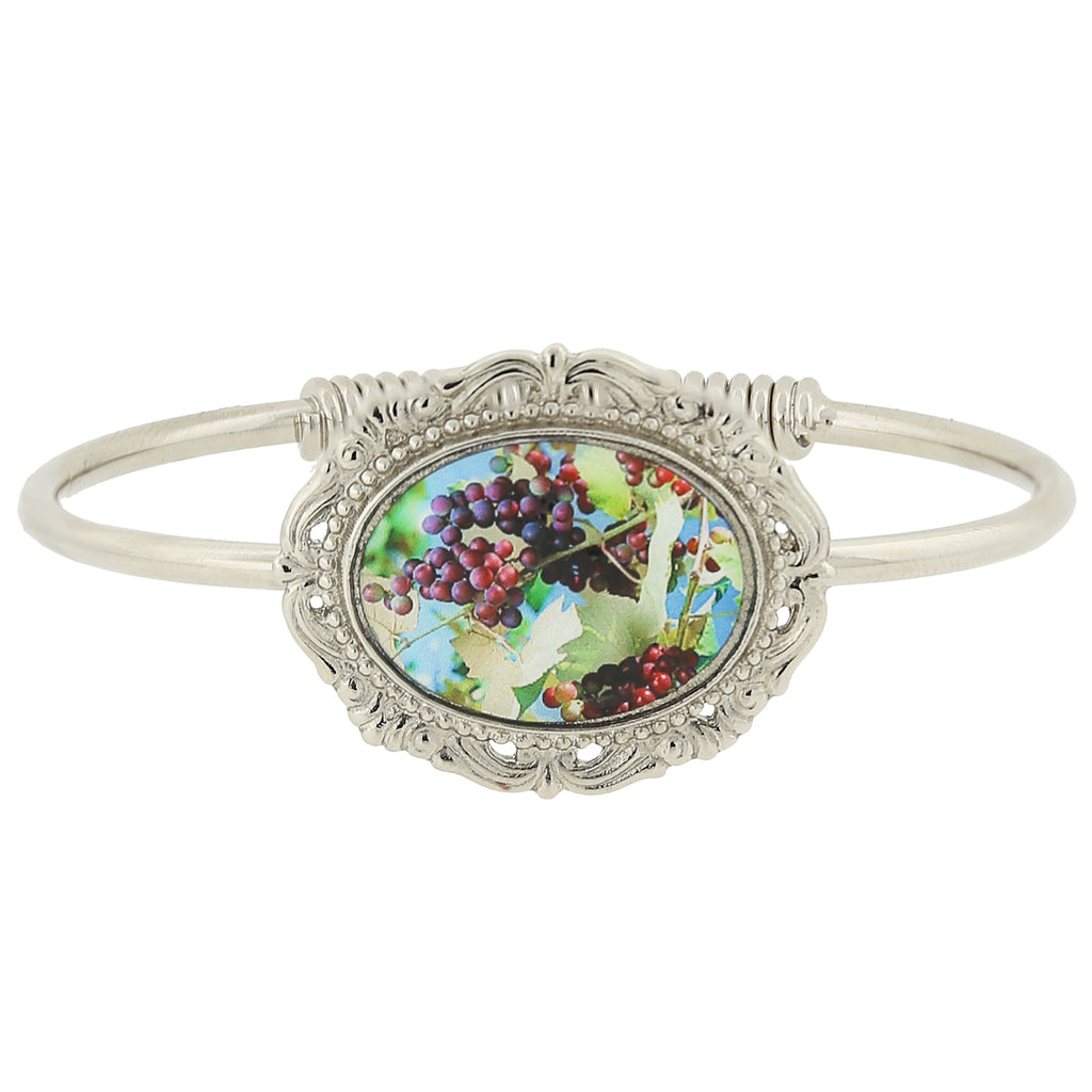 Silver Tone Multi Color Grapes Decal Spring Hinge Bracelet