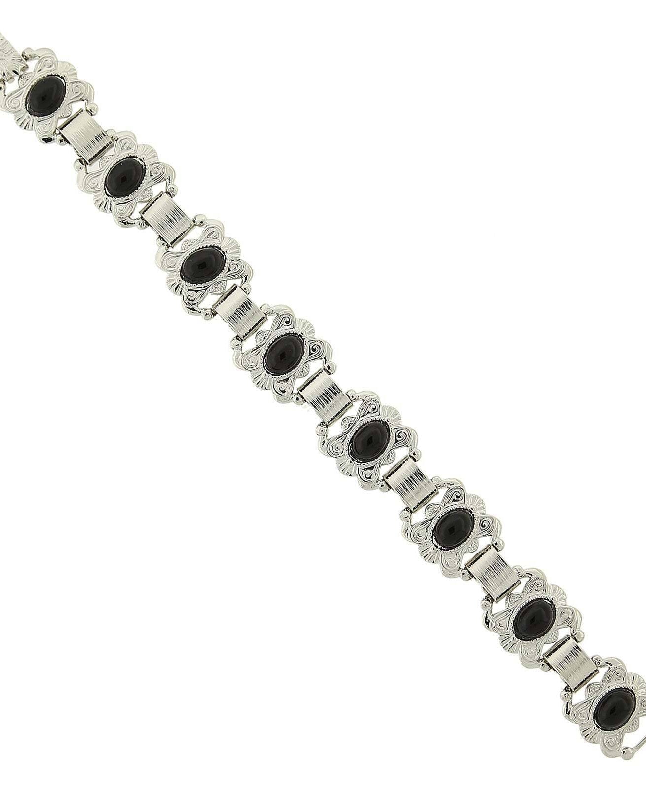 1928 Jewelry Classic Etched Oval Black Stone Clasp Bracelet