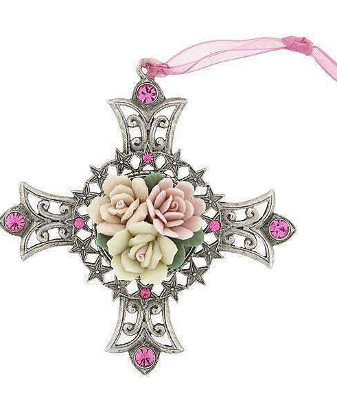 1928 Jewelry Cross & Multi Color Porcelain Roses Pink Crystal Christmas Tree Ornament