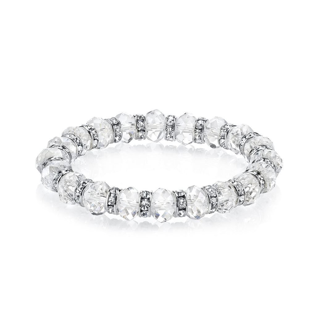 Crystal Clear Silver Tone Lux Cut Crystal Beaded Stretch Bracelet