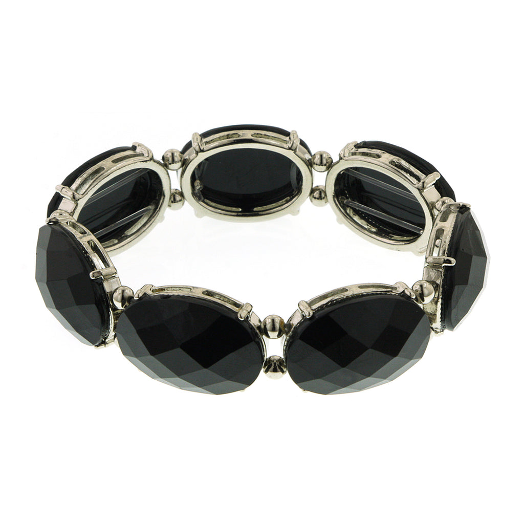 Black Silver Tone Oval Faceted Stretch Bracelet