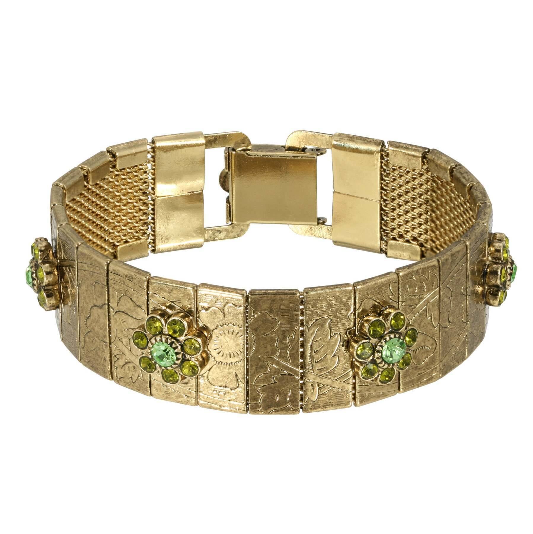 1928 Jewelry Crystal Flower Etched Floral Clasp Bracelet