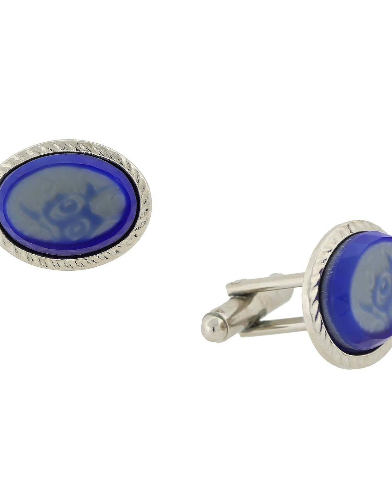 1928 Jewelry Oval Blue And White Glass Stone Cufflinks