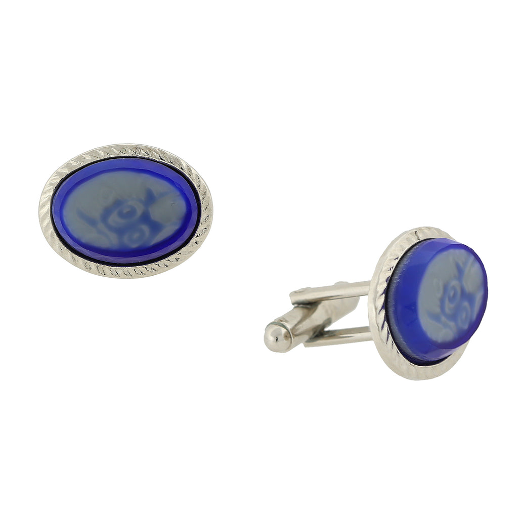 Oval Blue And White Glass Stone Cufflinks