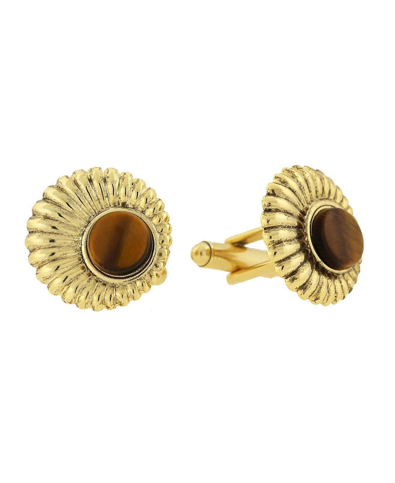 1928 Jewelry Round Tigers Eye Scalloped Cufflinks