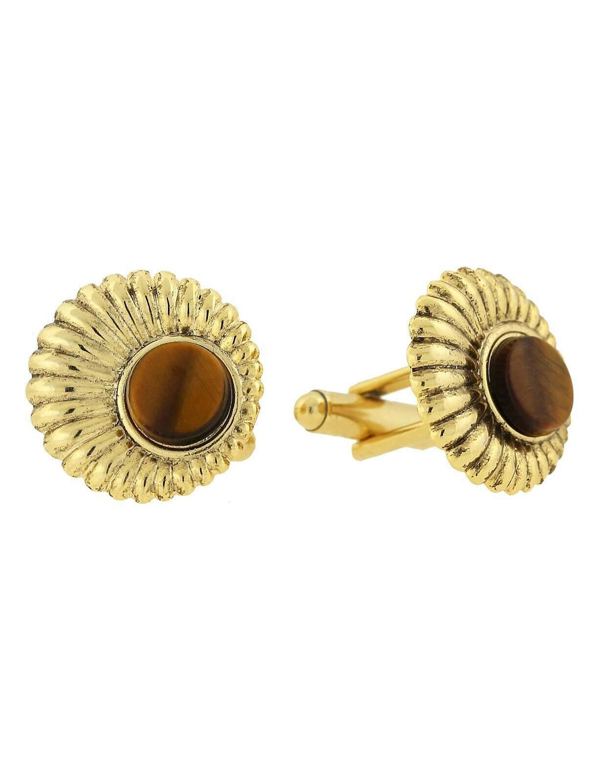1928 Jewelry Round Tigers Eye Scalloped Cufflinks