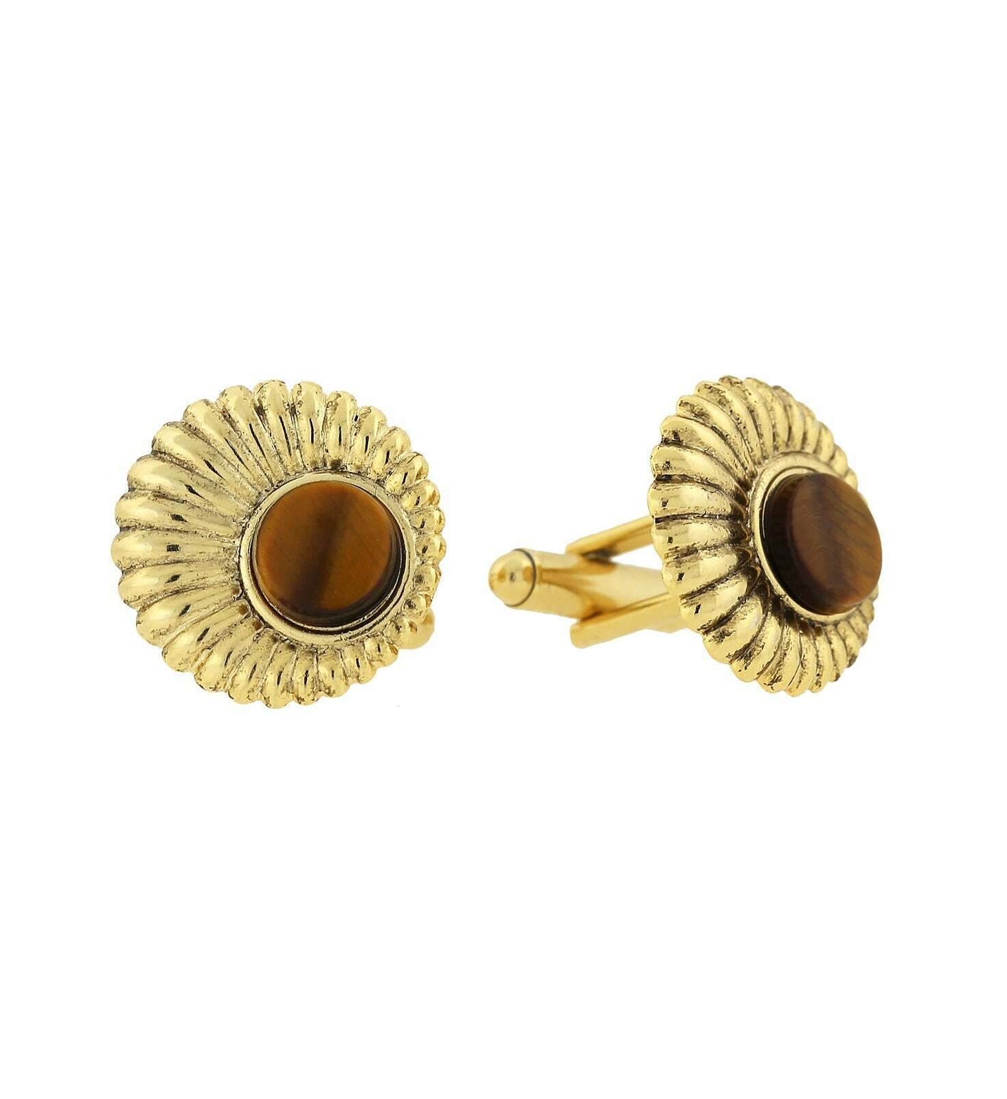 1928 Jewelry Round Tigers Eye Scalloped Cufflinks
