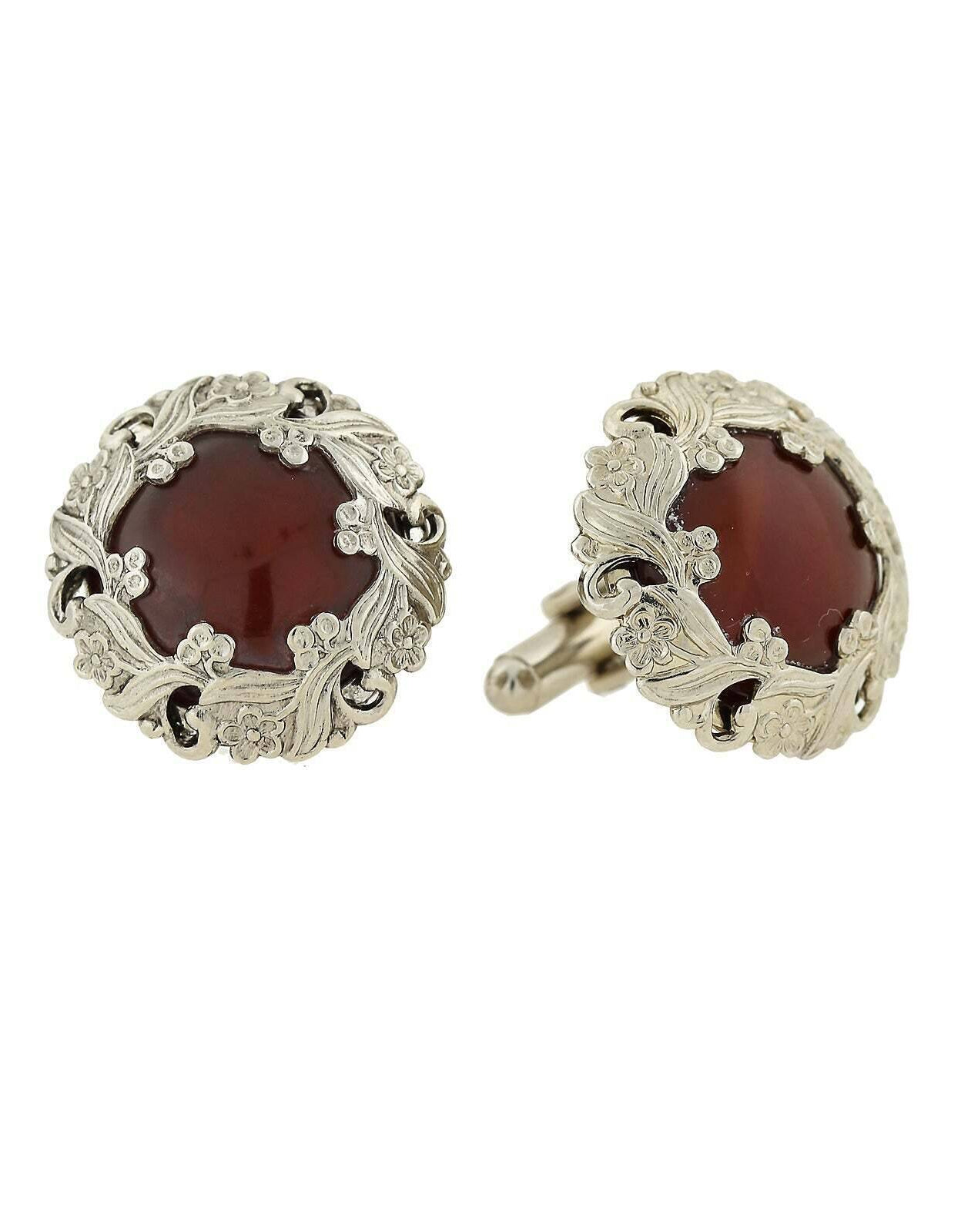 1928 Jewelry Brick Red Stone Floral Frame Cufflinks