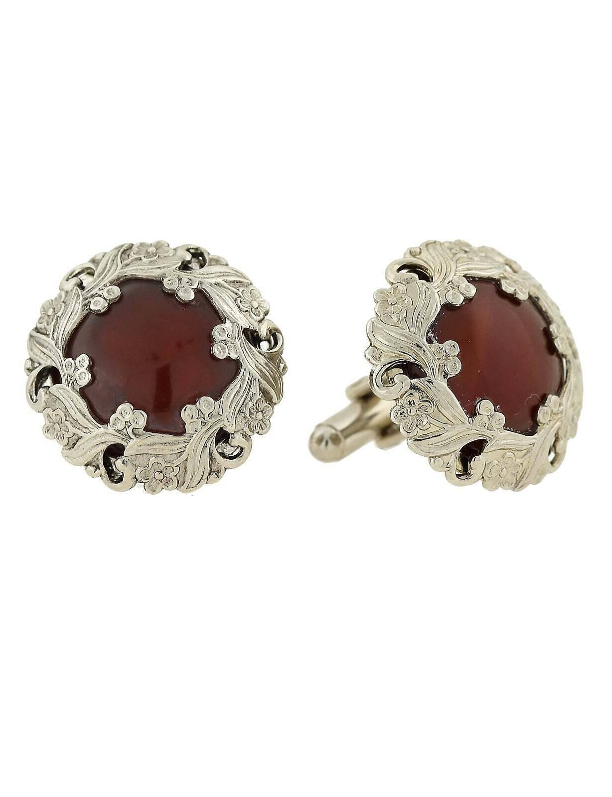 1928 Jewelry Brick Red Stone Floral Frame Cufflinks