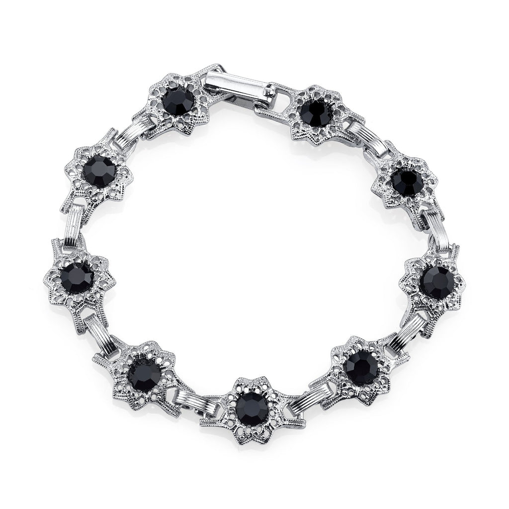 Silver Tone Round Crystal Flower Link Clasp Bracelet