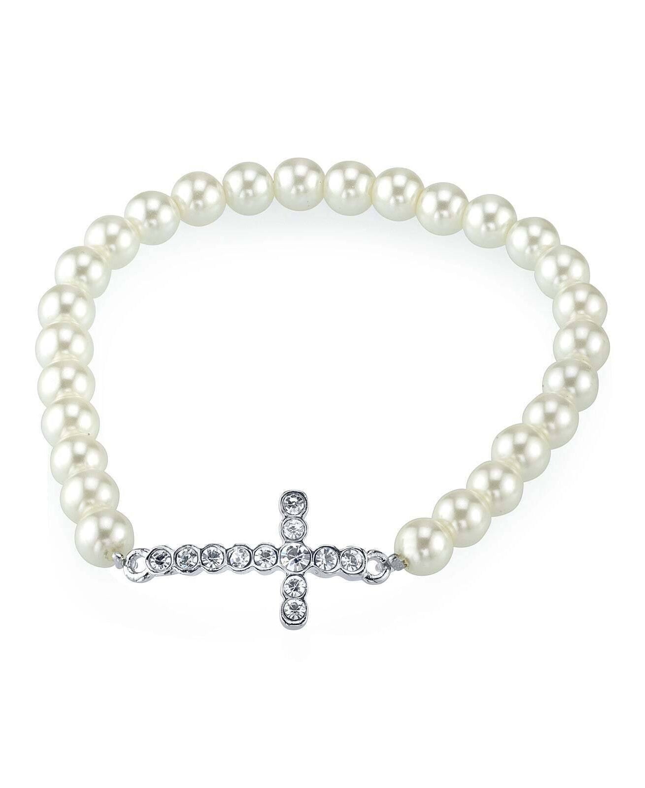 1928 Jewelry Faux Pearl Crystal Cross Stretch Bracelet