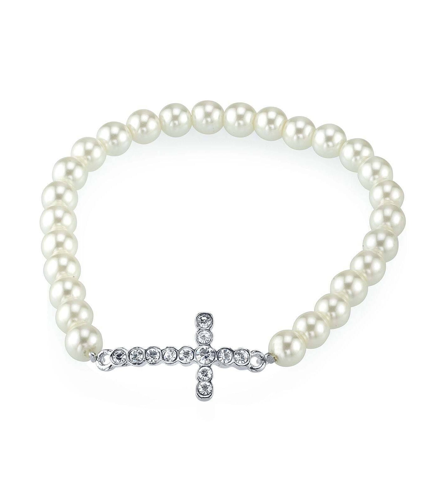 1928 Jewelry Faux Pearl Crystal Cross Stretch Bracelet