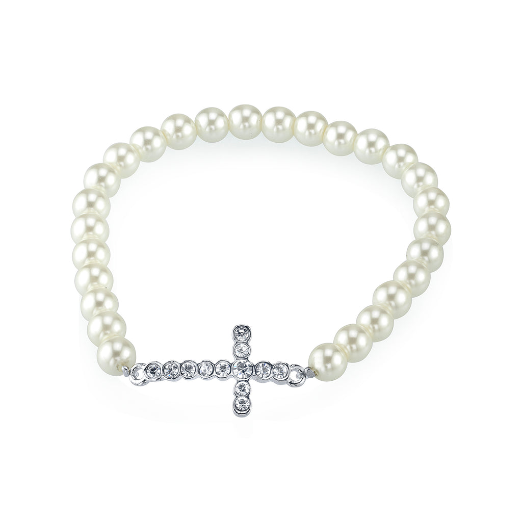 Faux Pearl Crystal Cross Stretch Bracelet