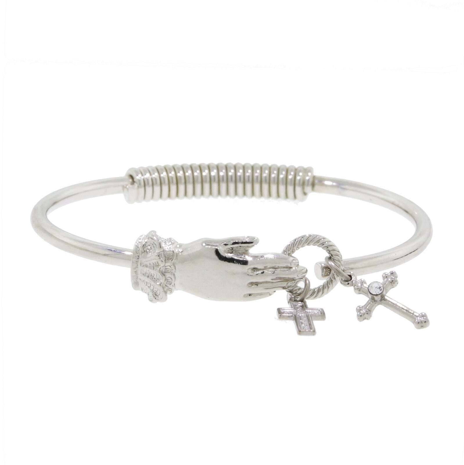 1928 Jewelry Silver Hand And Cross Charm Hinge Bangle Bracelet