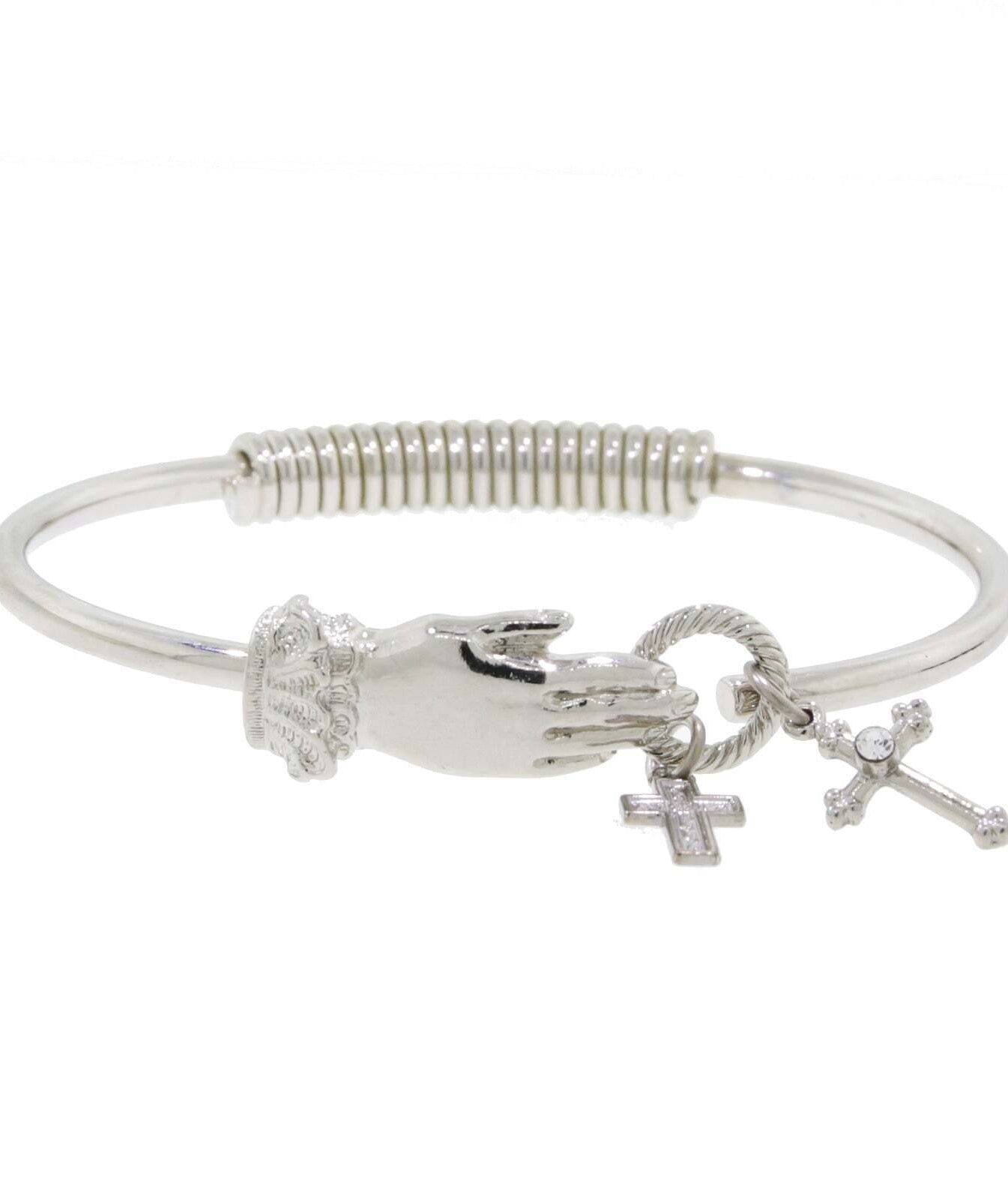 1928 Jewelry Silver Hand And Cross Charm Hinge Bangle Bracelet