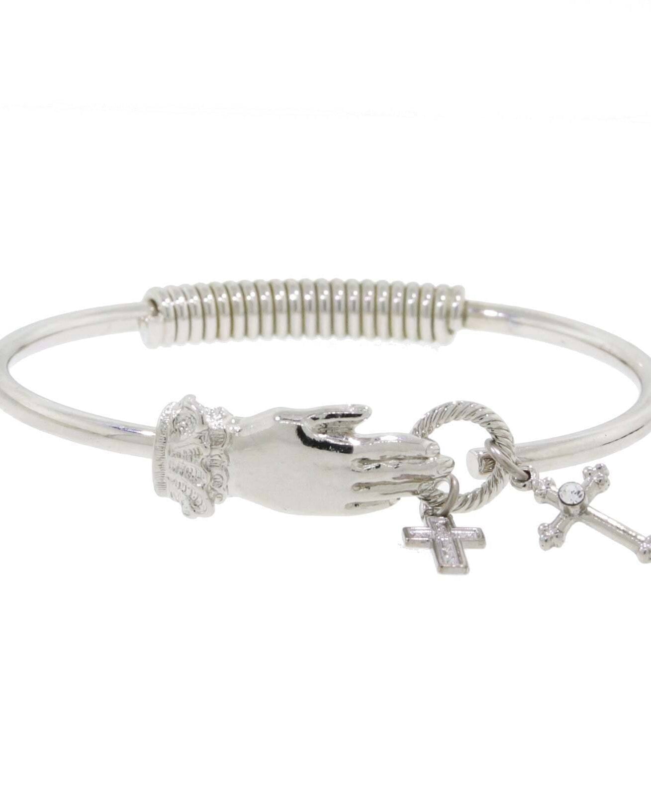 1928 Jewelry Silver Hand And Cross Charm Hinge Bangle Bracelet