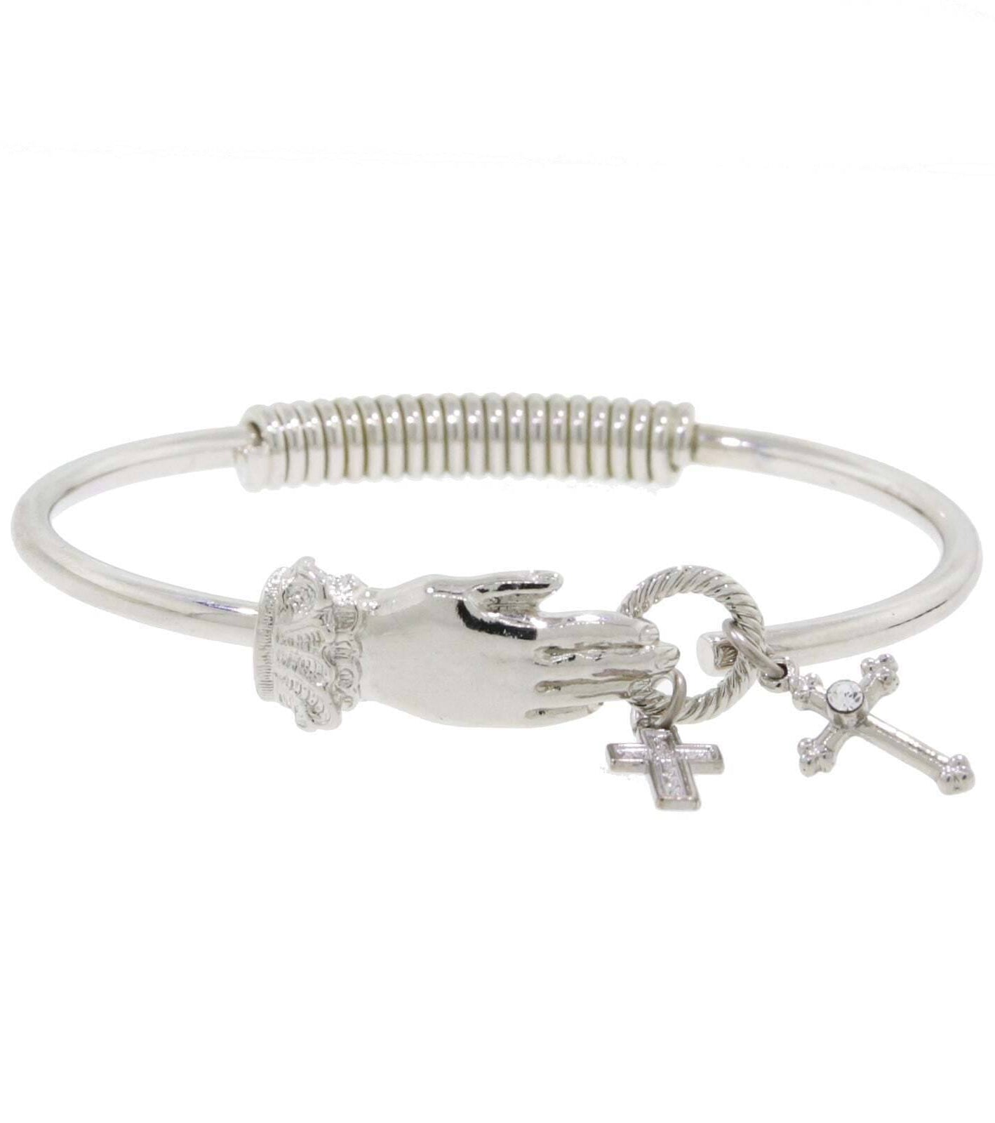 1928 Jewelry Silver Hand And Cross Charm Hinge Bangle Bracelet