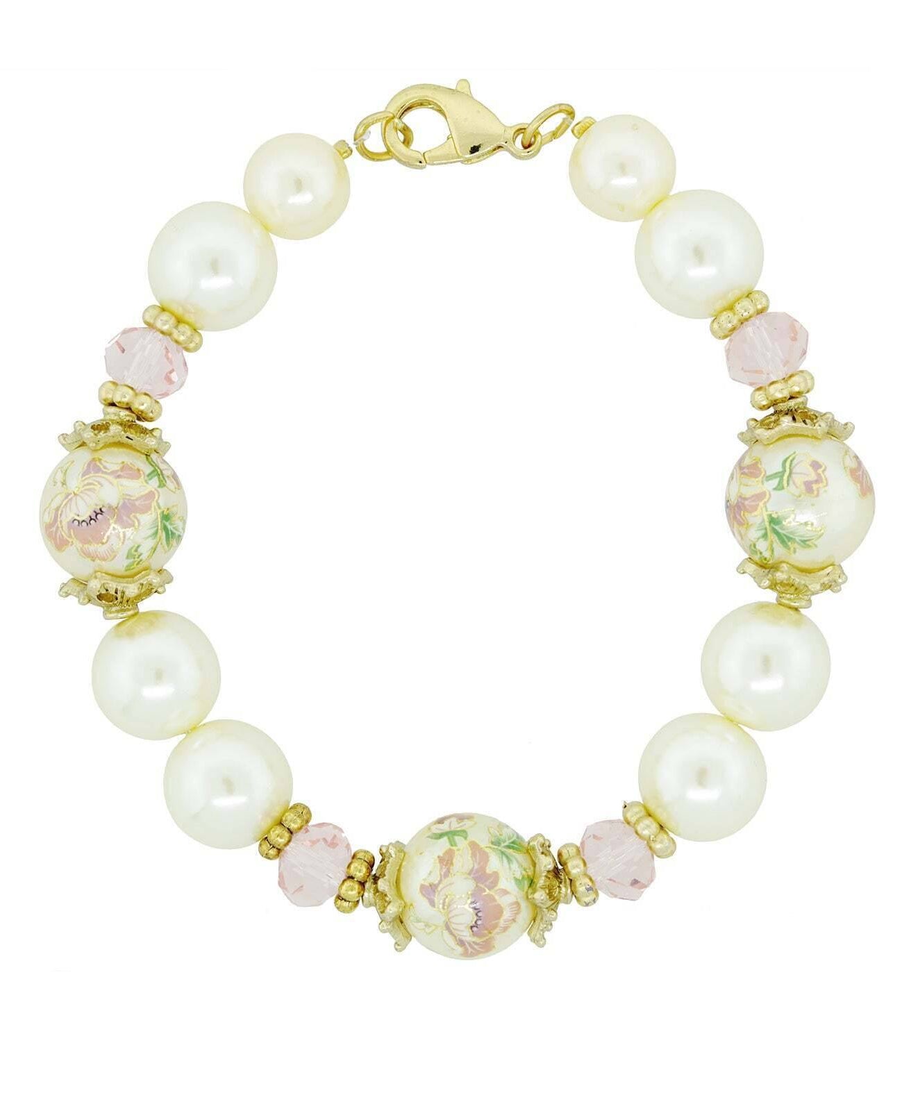 1928 Jewelry Flower Decal Faux Pearl Pink Crystal Bracelet