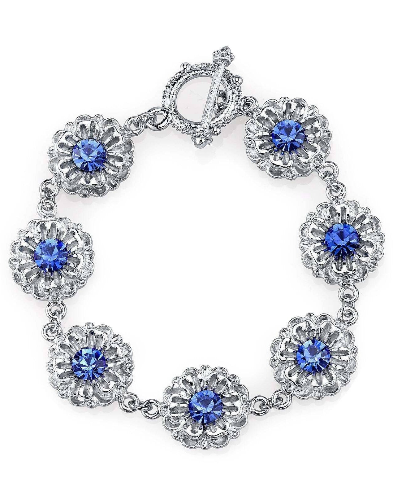 2028 Jewelry Sapphire Blue Crystal Flower Toggle Bracelet