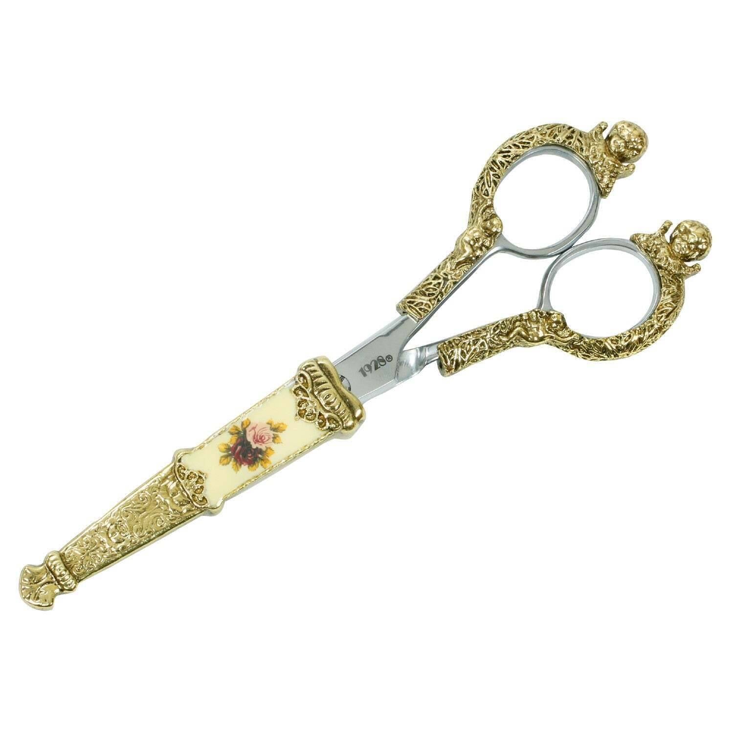 1928 Jewelry Manor House Pink And Multicolor Flower Decal Cherub Scissors