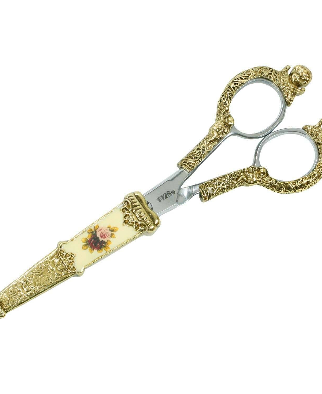 1928 Jewelry Manor House Pink And Multicolor Flower Decal Cherub Scissors