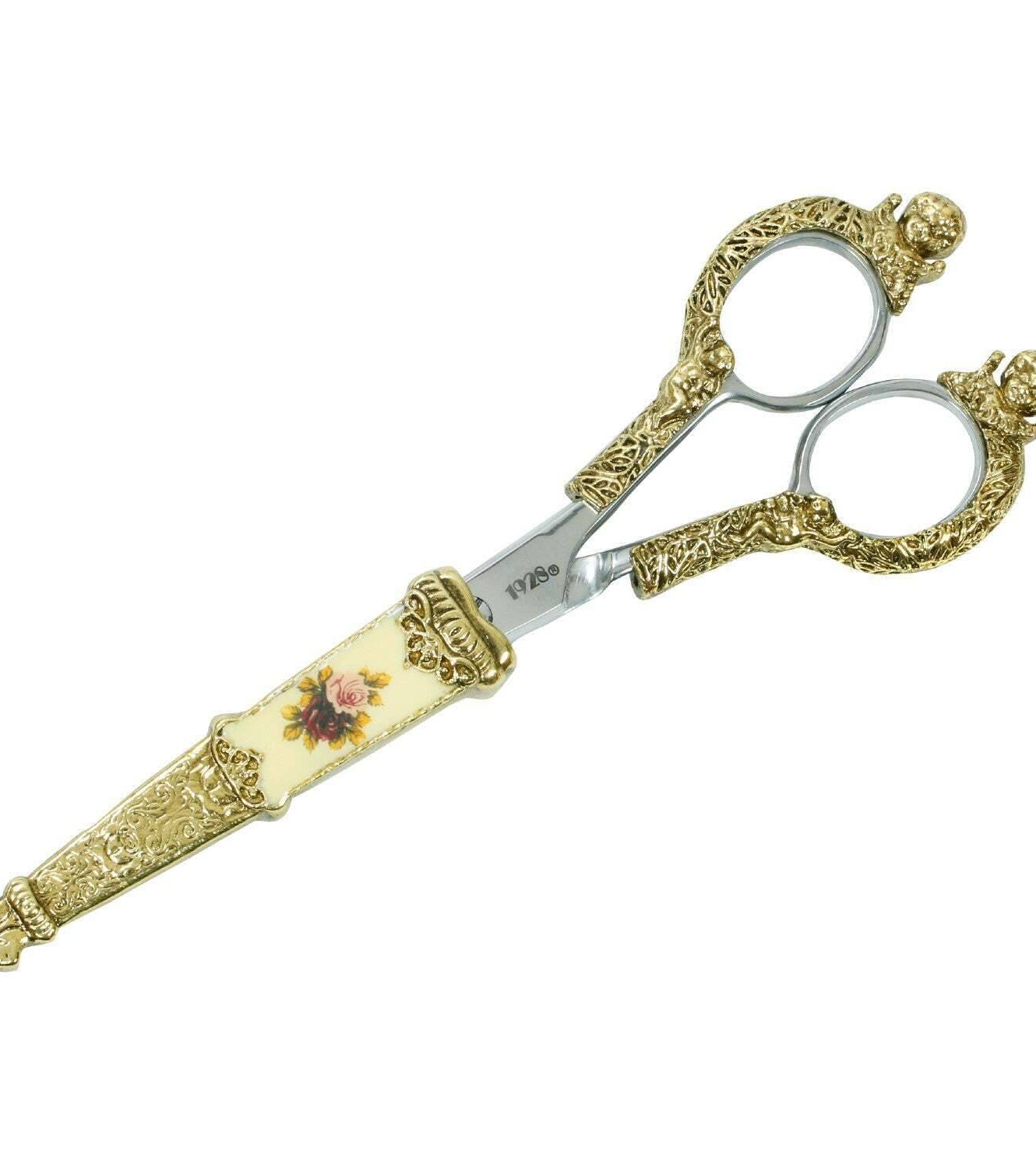 1928 Jewelry Manor House Pink And Multicolor Flower Decal Cherub Scissors