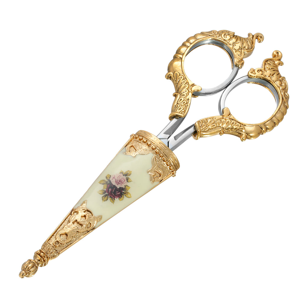 Gold Tone And Silver Tone Flower Decal Small Scissors