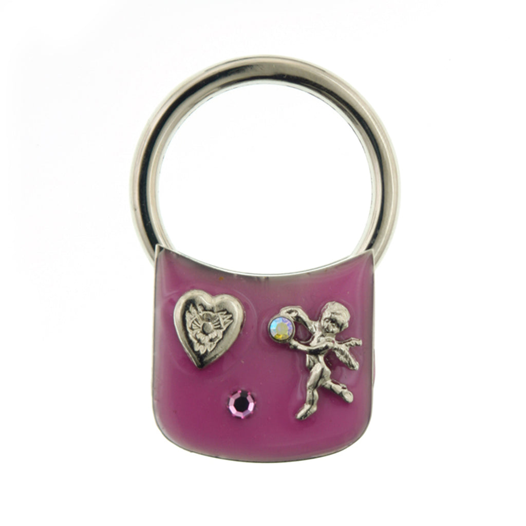 Silver Tone Enamel With Heart And Angel Crystal Key Fob