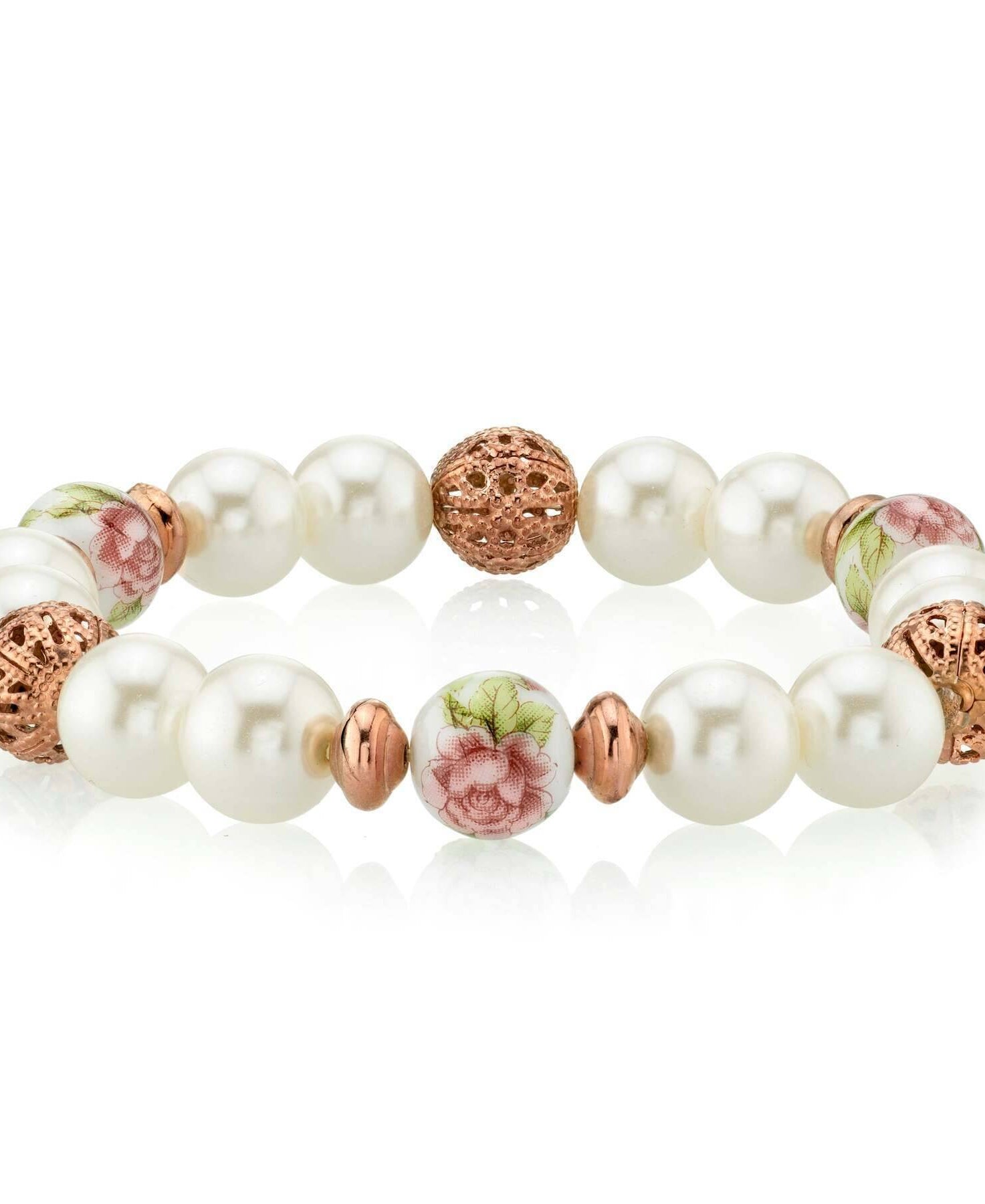 1928 Jewelry Rose Faux Pearl Purple Flower Filigree Beaded Stretch Bracelet