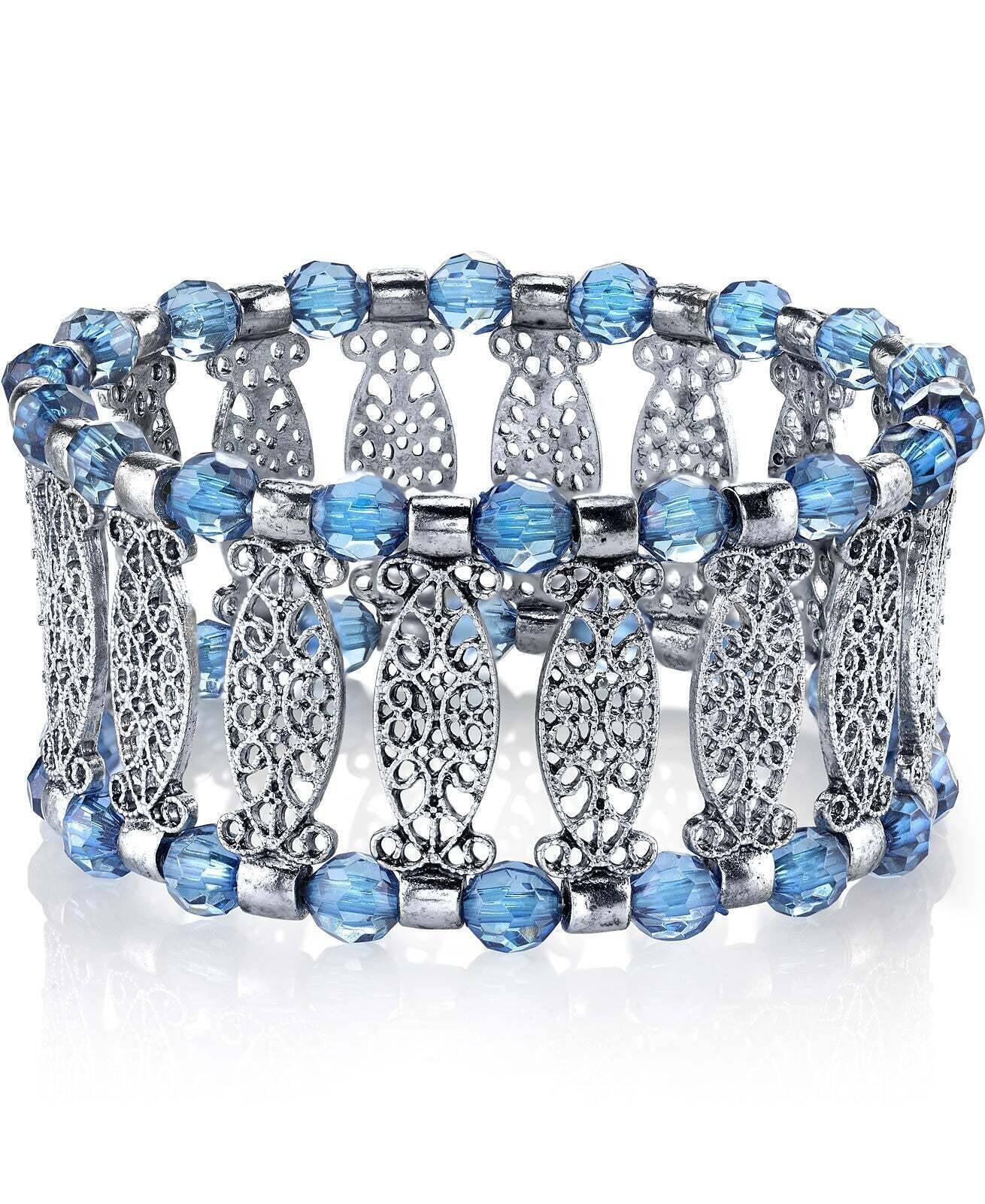 1928 Jewelry Blue Color Filigree Stretch Bracelet