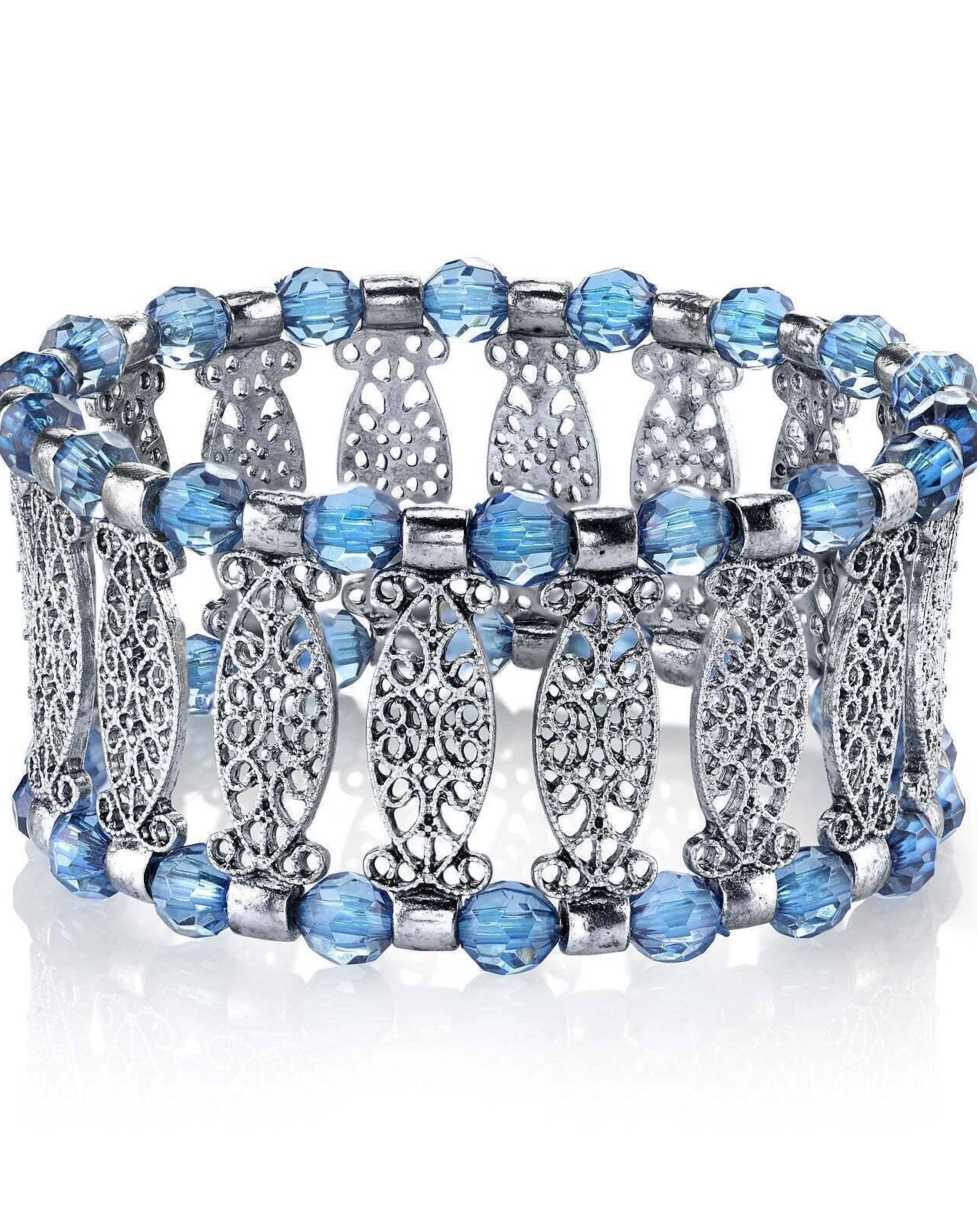 1928 Jewelry Blue Color Filigree Stretch Bracelet